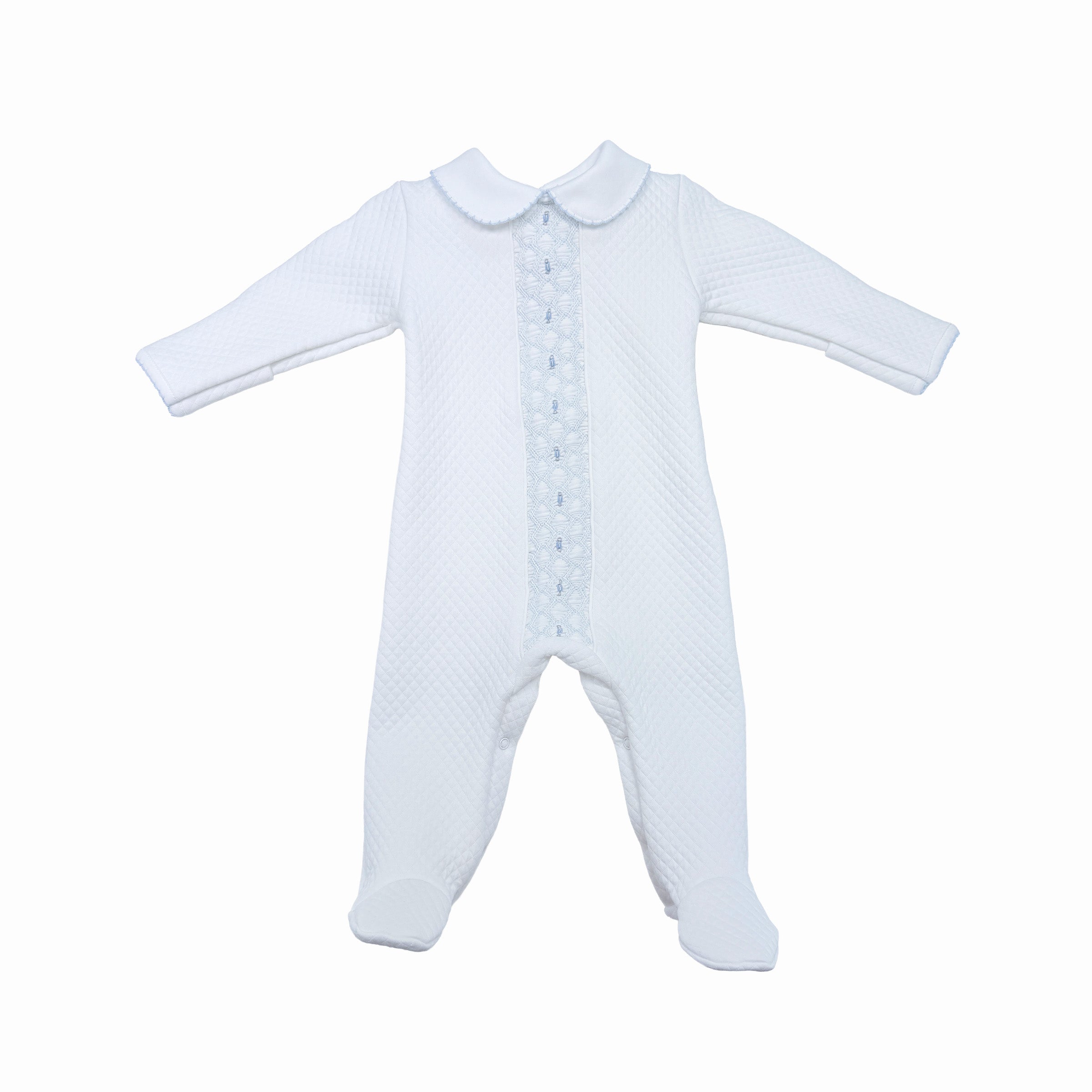 Quilted Beau babygrow with hand smocking — front view