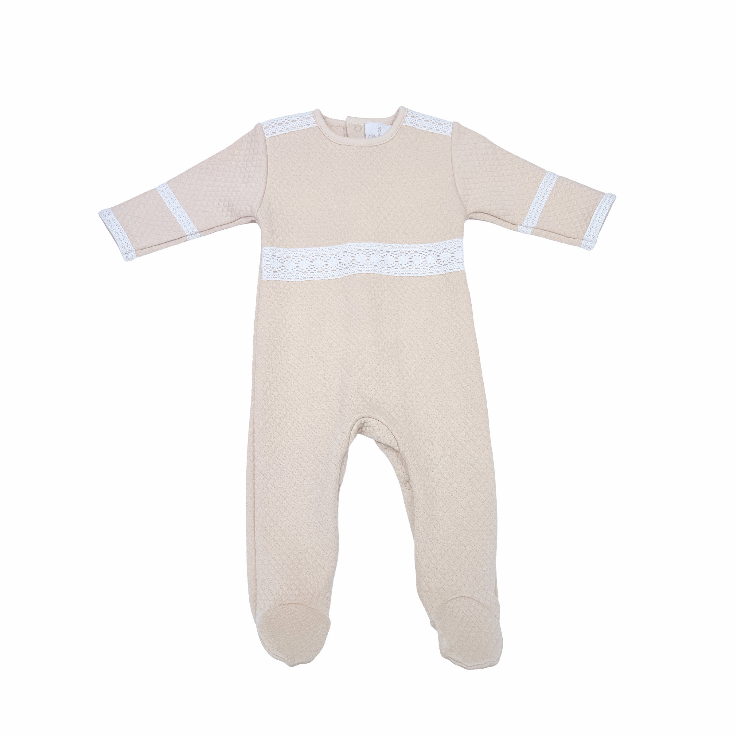 Ivory quilted unisex babygrow with lace front and sleeve detailing – front view