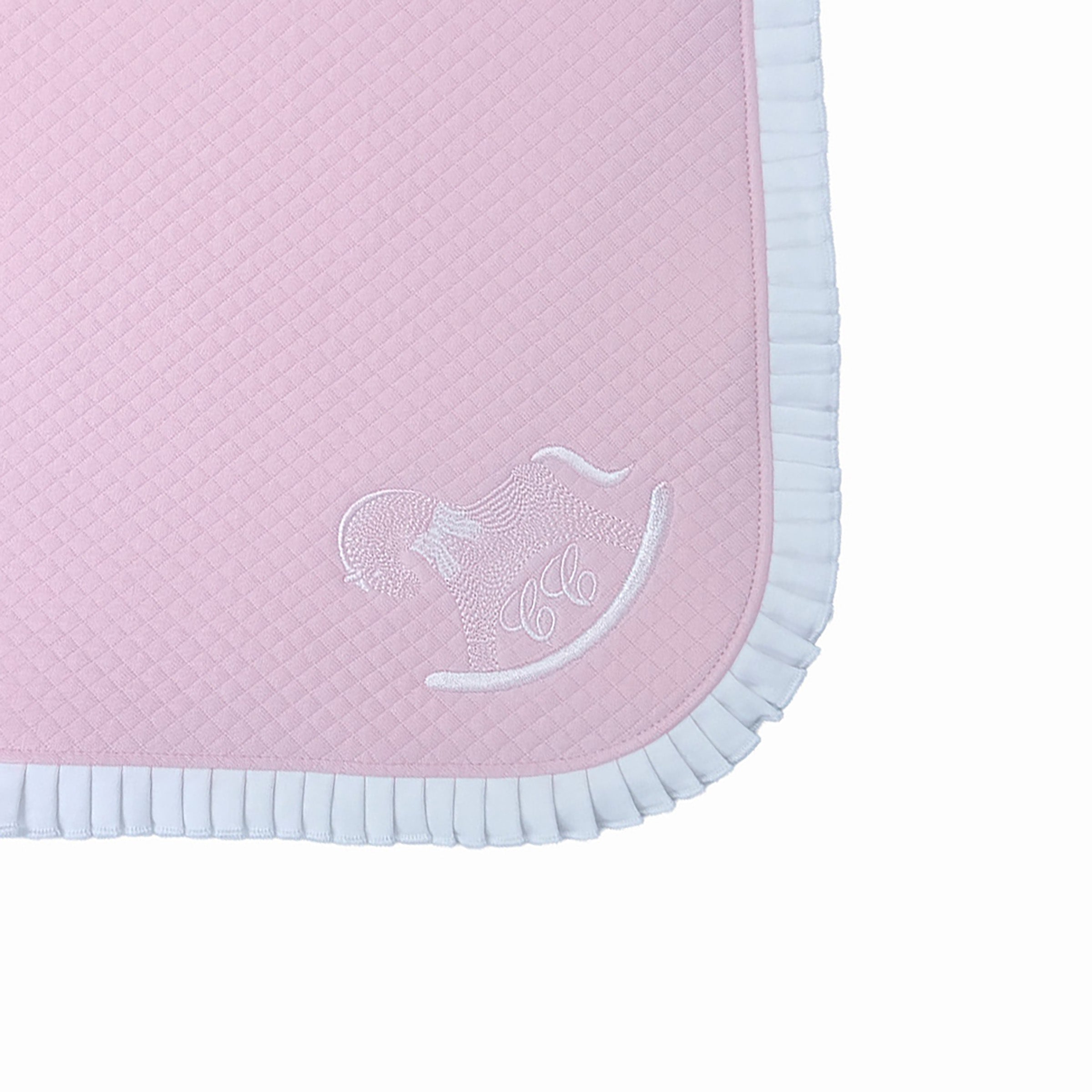 Textured frill edging on luxury pink baby blanket.