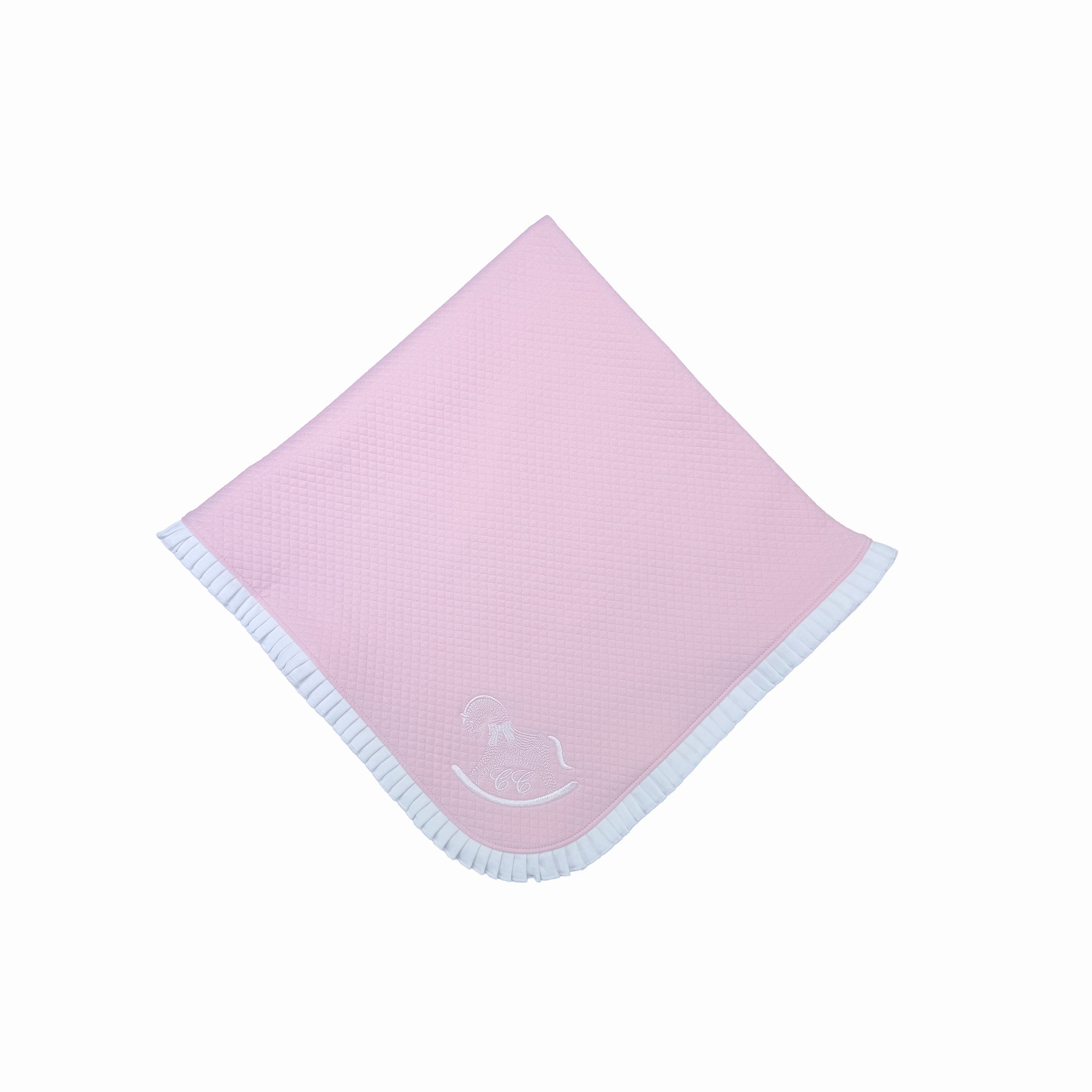 Pink frilled baby blanket with signature embroidery – Chéris Élégance Volants Rose.