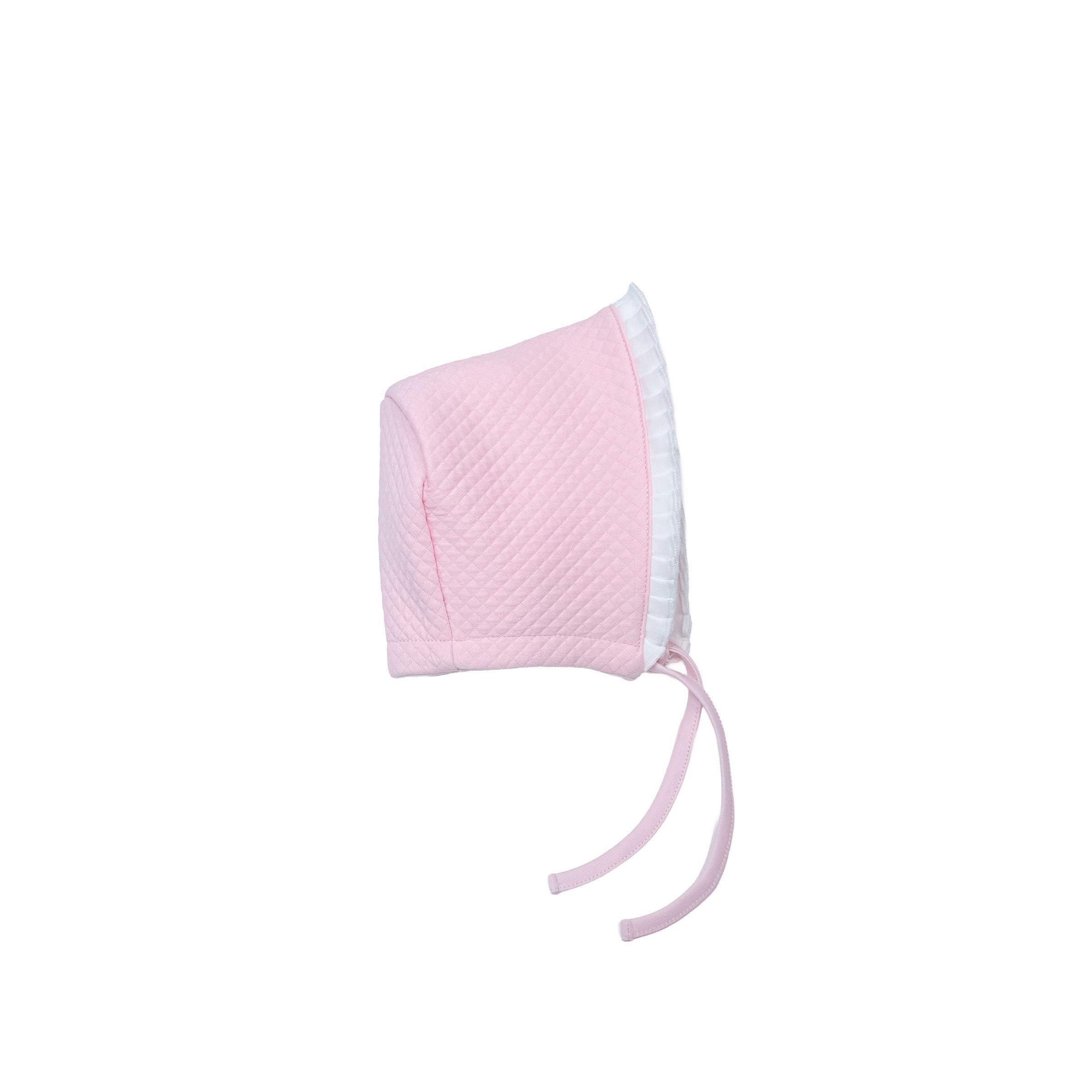 Pink baby bonnet with frilled trim and embroidery – front view
