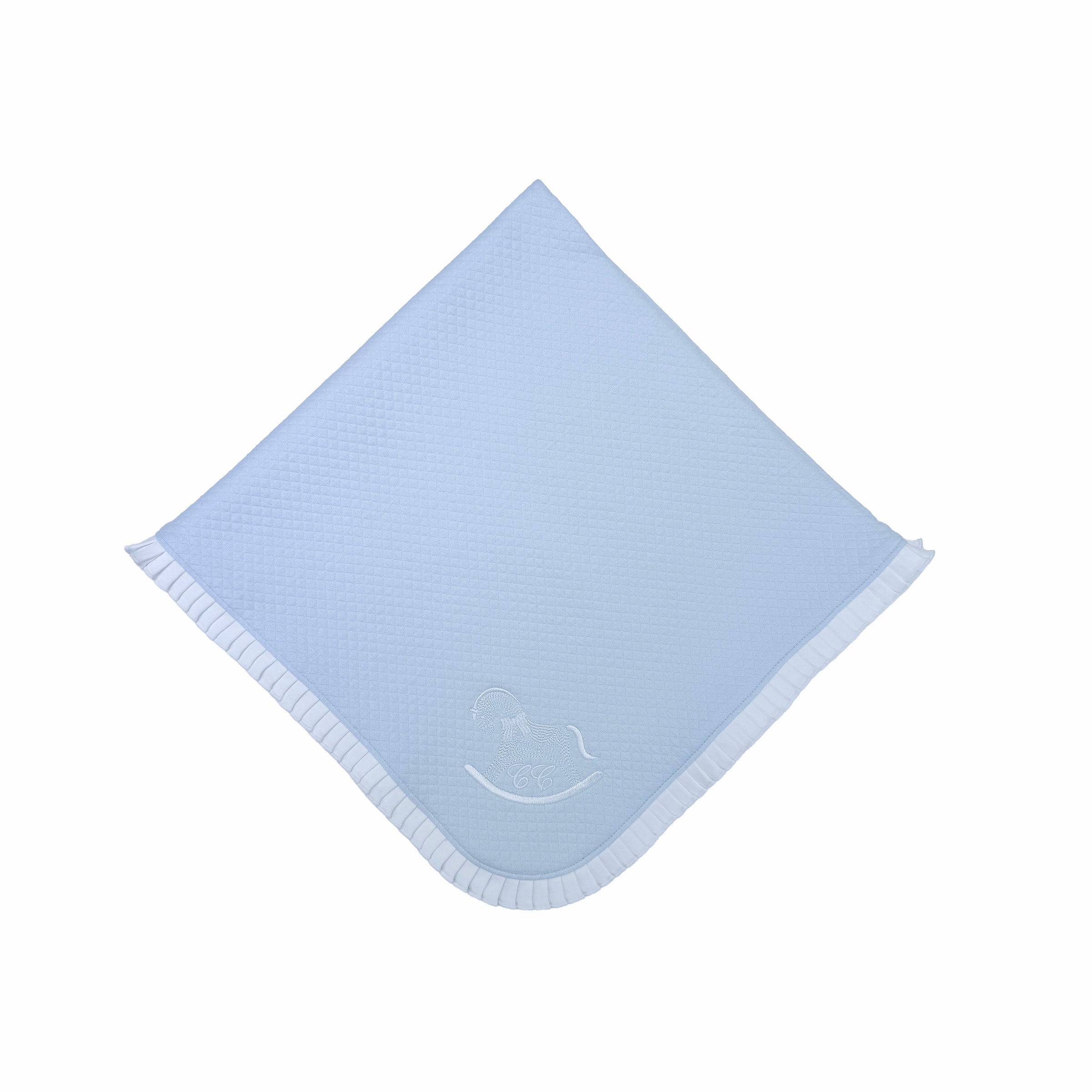 Blue baby blanket with frilled border and embroidery – front view.