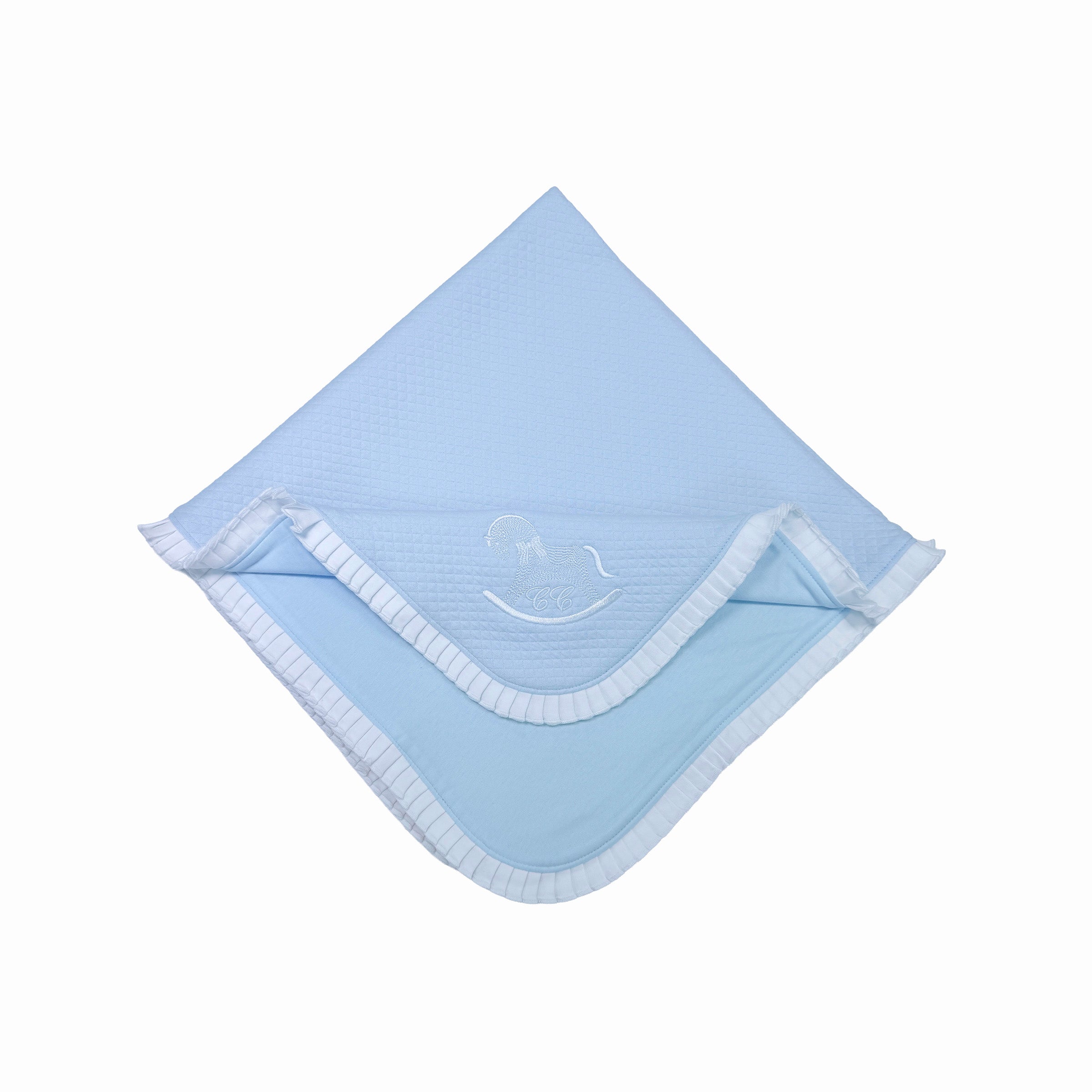 Blue baby blanket with frilled border and embroidery – unfolded.