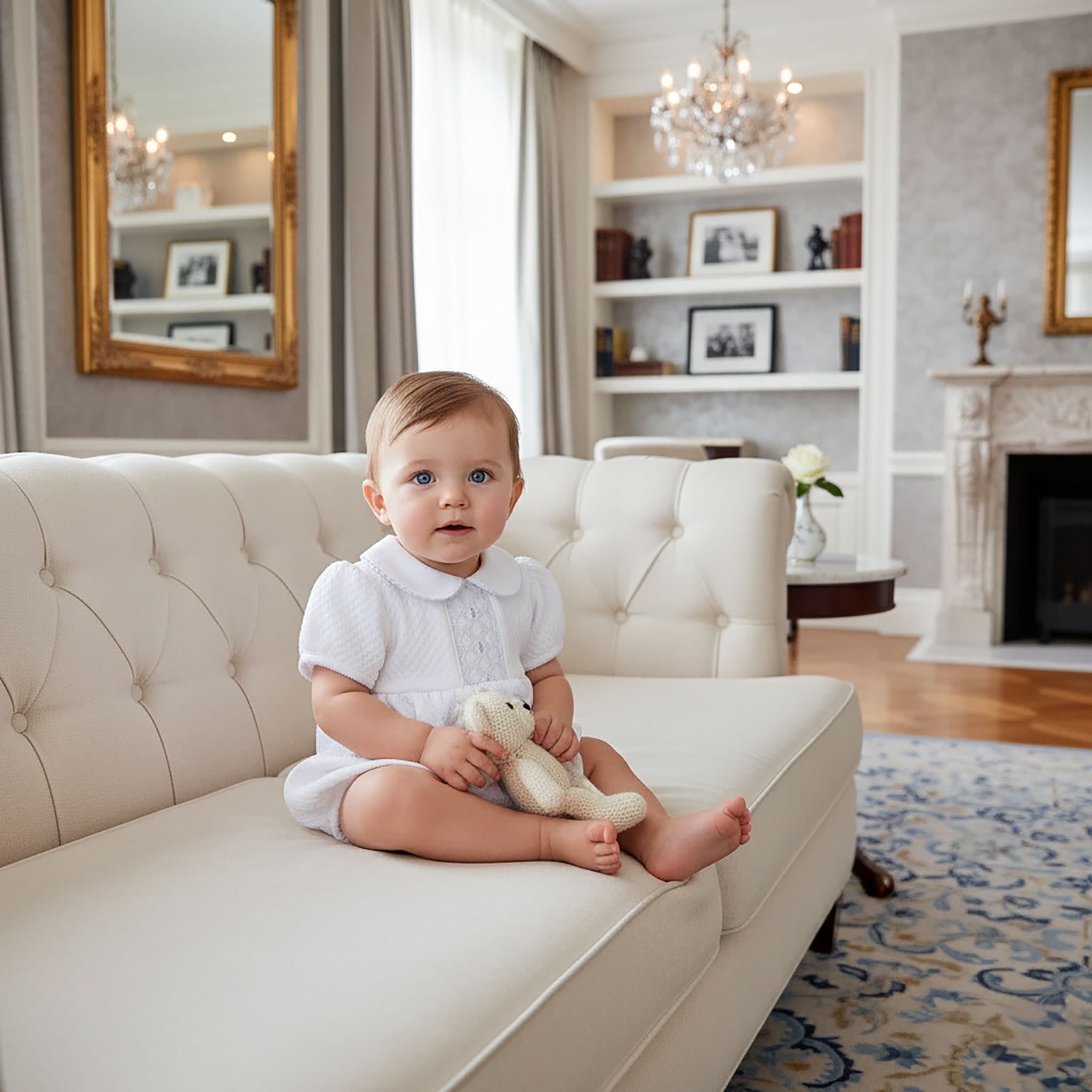 Baby boy wearing Cheris Blanc Couture Beau Bubble Romper in a luxury setting