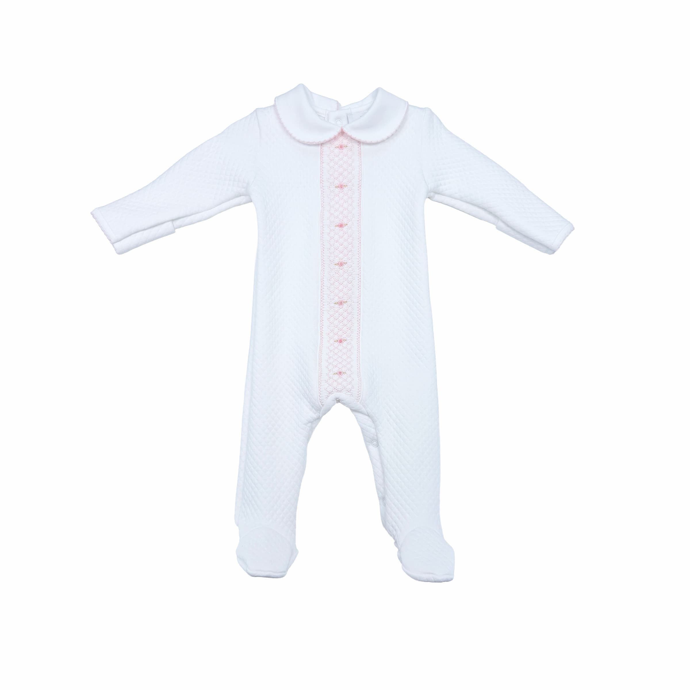Front view of the Cheris Blanc Couture Mademoiselle Babygrow with hand-gauged smocking and quilted texture.