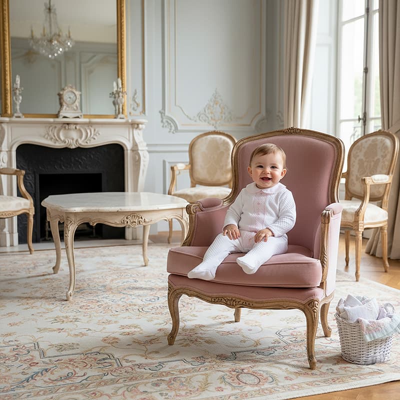 Baby wearing the Cheris Blanc Couture Mademoiselle Babygrow in a soft quilted finish.