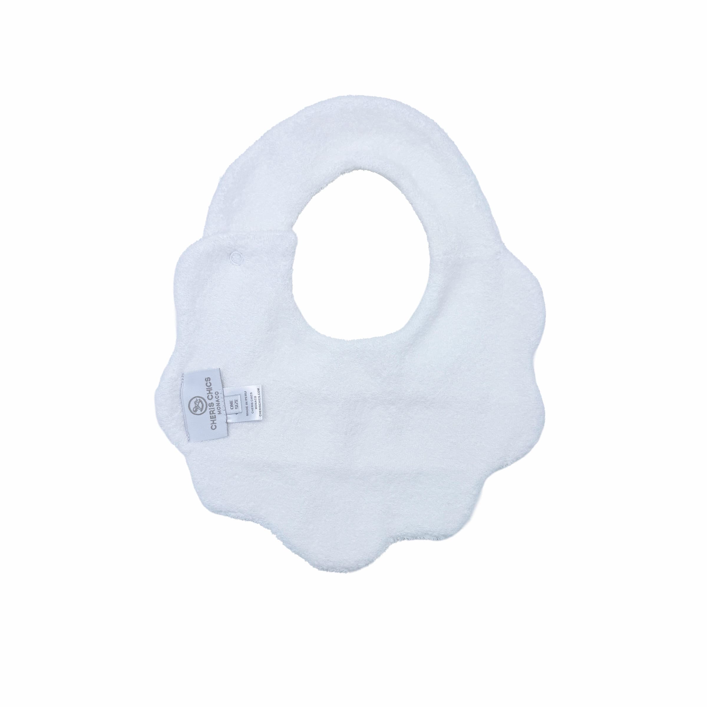 Back view of soft quilted couture baby bib with adjustable fastening.