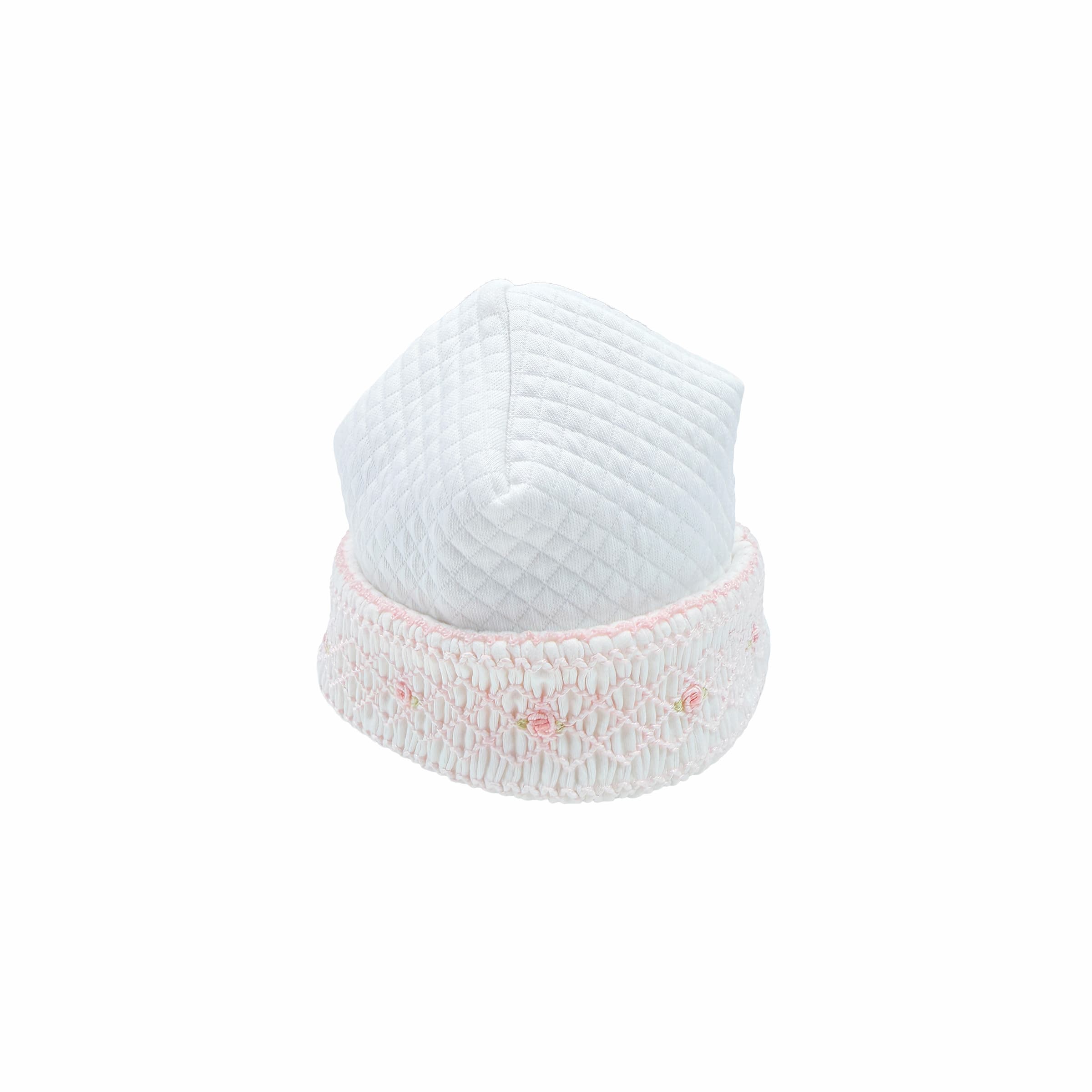 Front view of the Cheris Blanc Couture Mademoiselle baby hat with hand-smocked detailing.