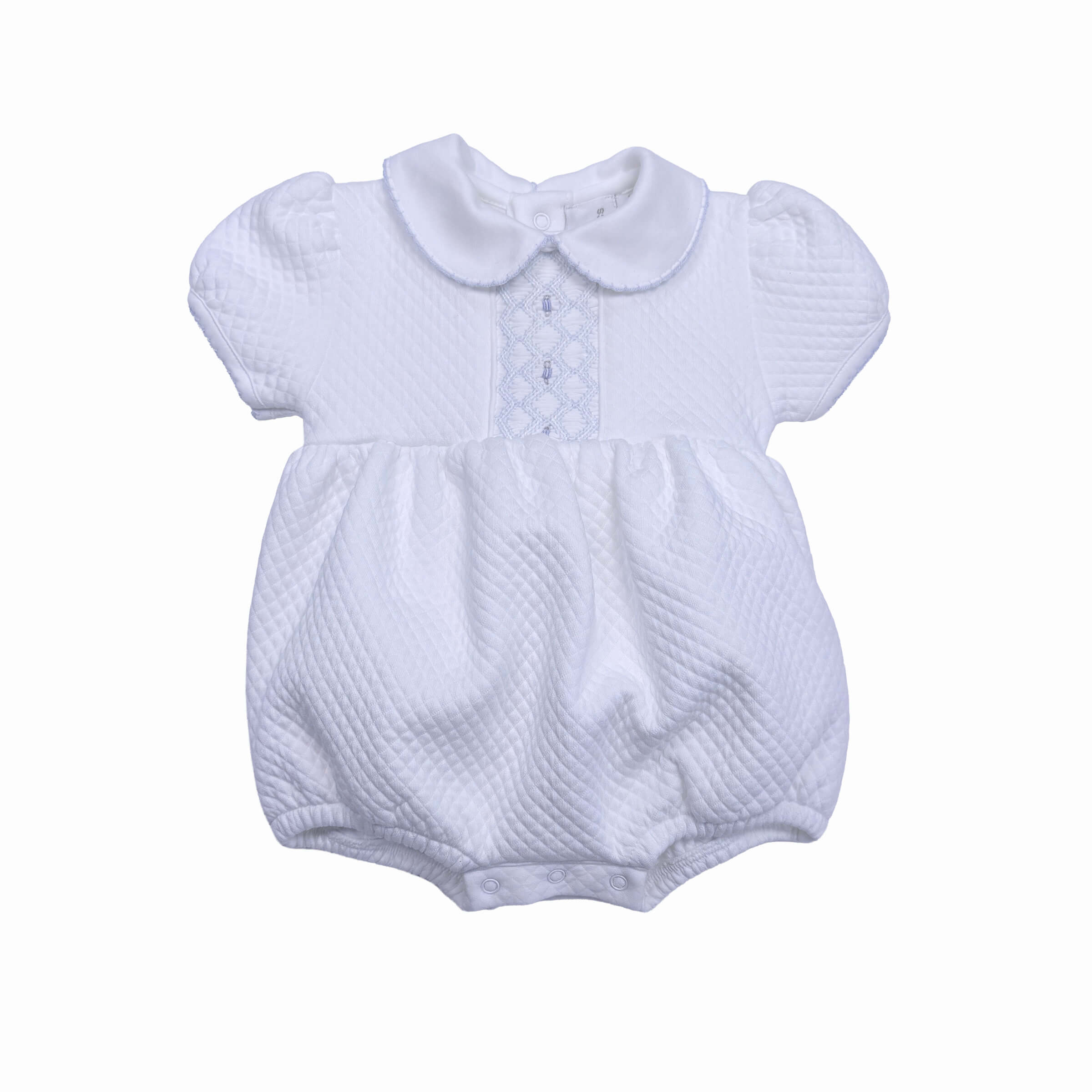 Luxury quilted bubble romper for baby boys with hand-smocked front panel – front view