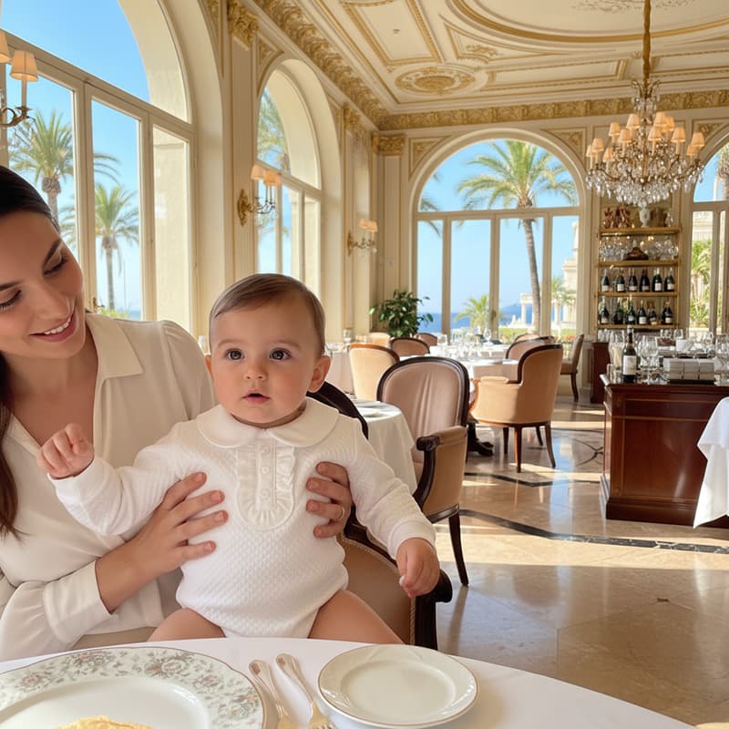 Baby wearing the Chéris Blanc Élégance Ruffled Bodysuit while sitting with mother in a restaurant, showcasing elegant frilled neckline and luxury finish.