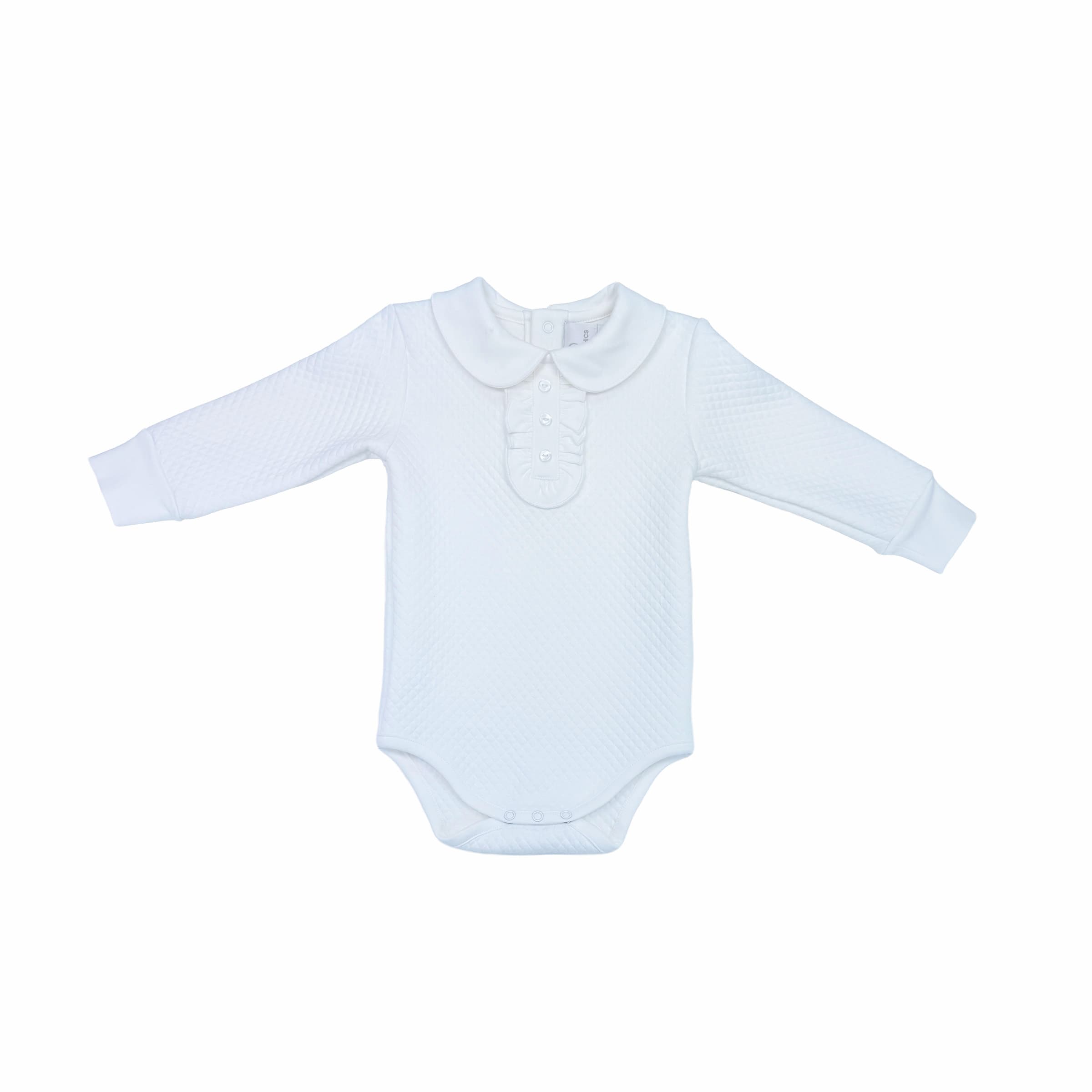 Front view of the Chéris Blanc Élégance Ruffled Bodysuit showing the delicate frilled neckline and signature Cheris embroidery.