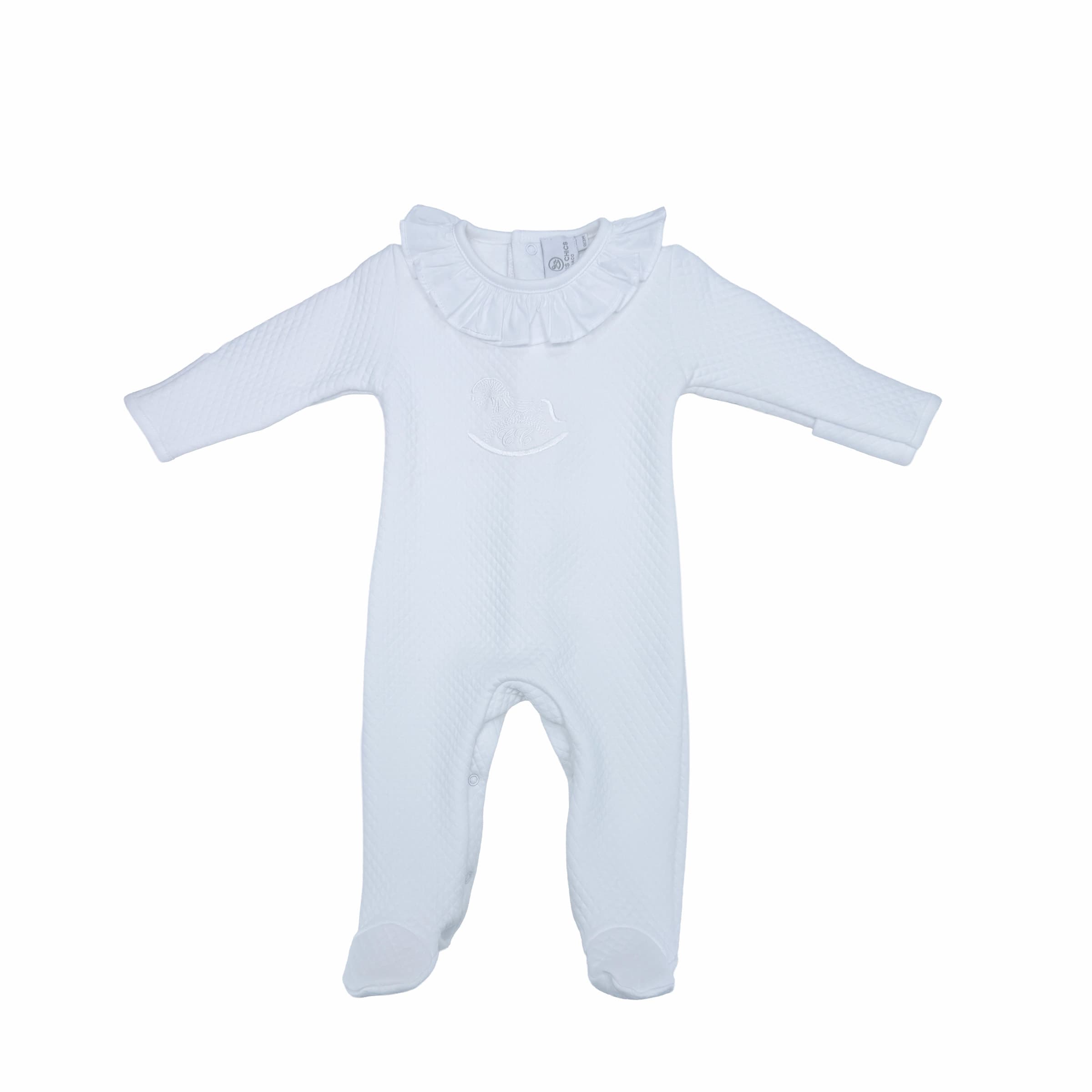 Full front view of Chéris Blanc white luxury babygrow showing ruffled collar and quilted texture.