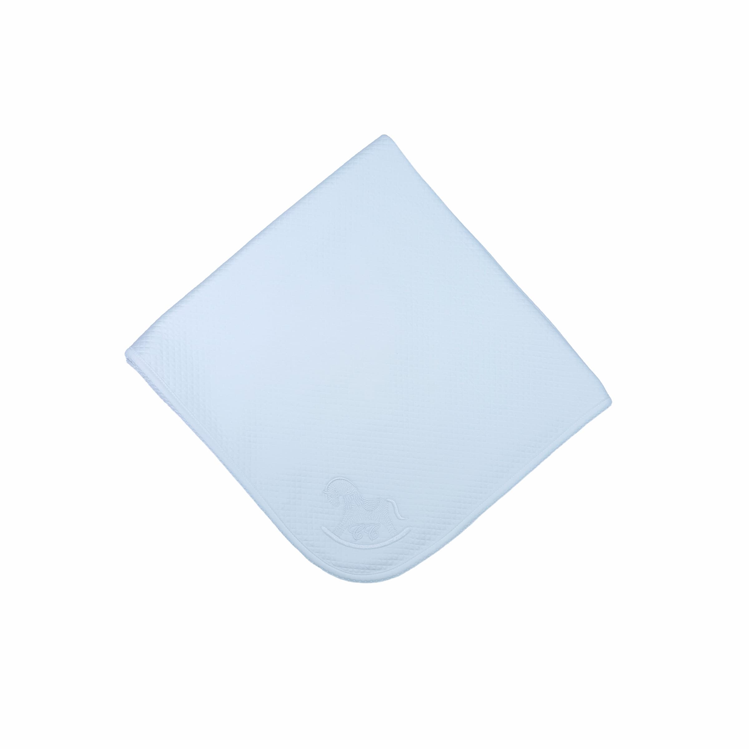 White baby blanket with signature embroidery – front view