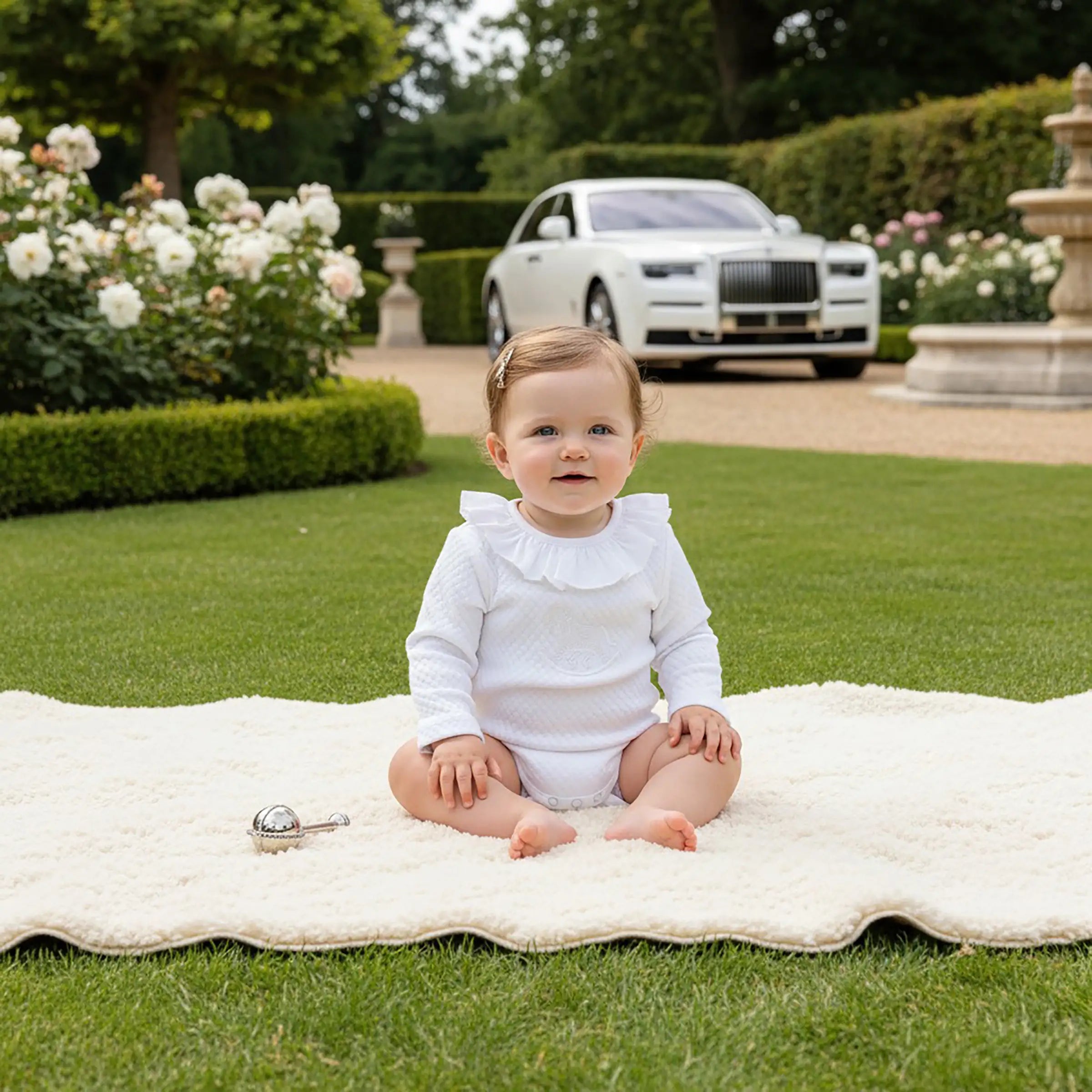 Baby wearing the Chéris Blanc Élégance White Bodysuit in a garden setting, showing elegant frilled neckline and soft luxury finish.