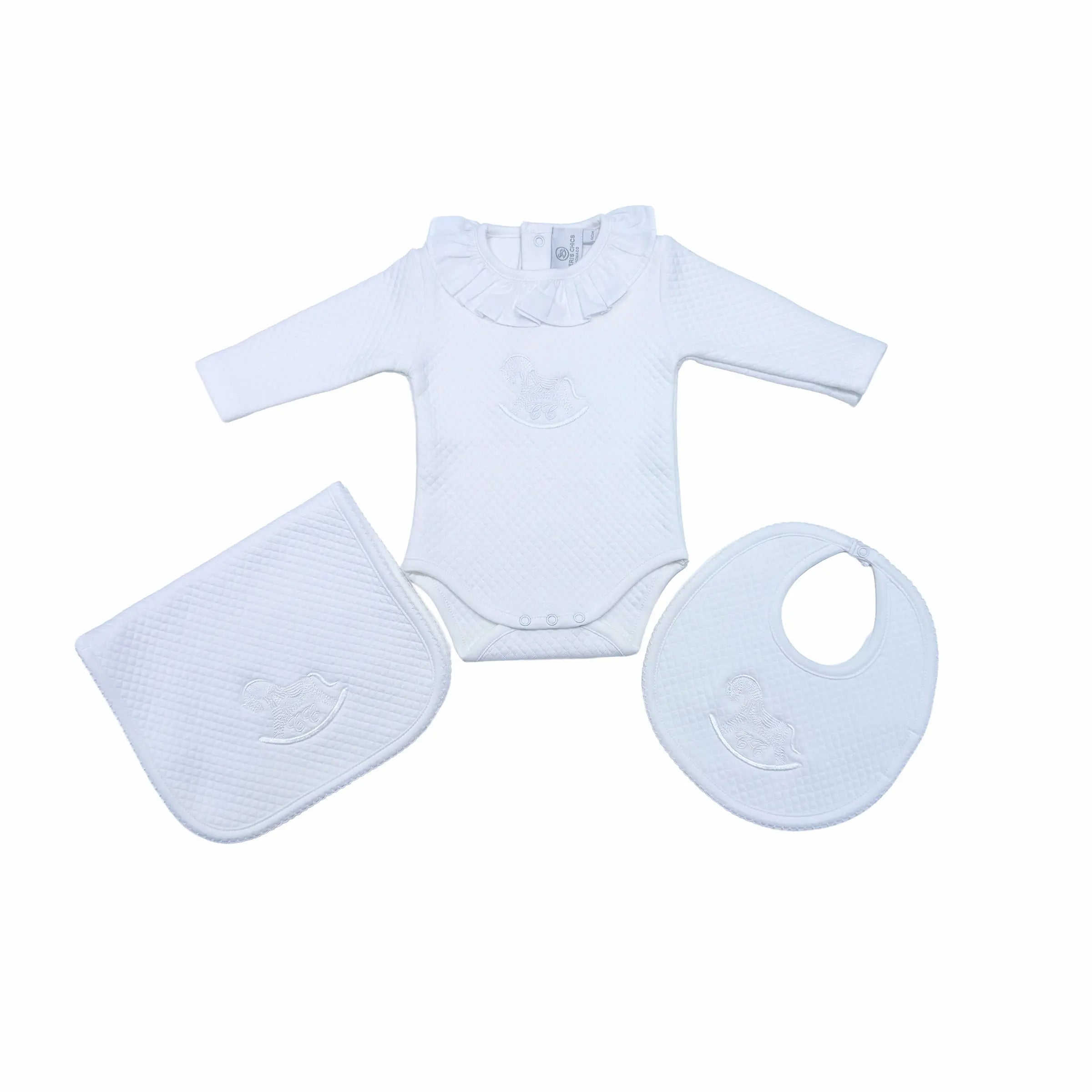 Three-piece Élégance set flat lay — bodysuit, bib, care cloth