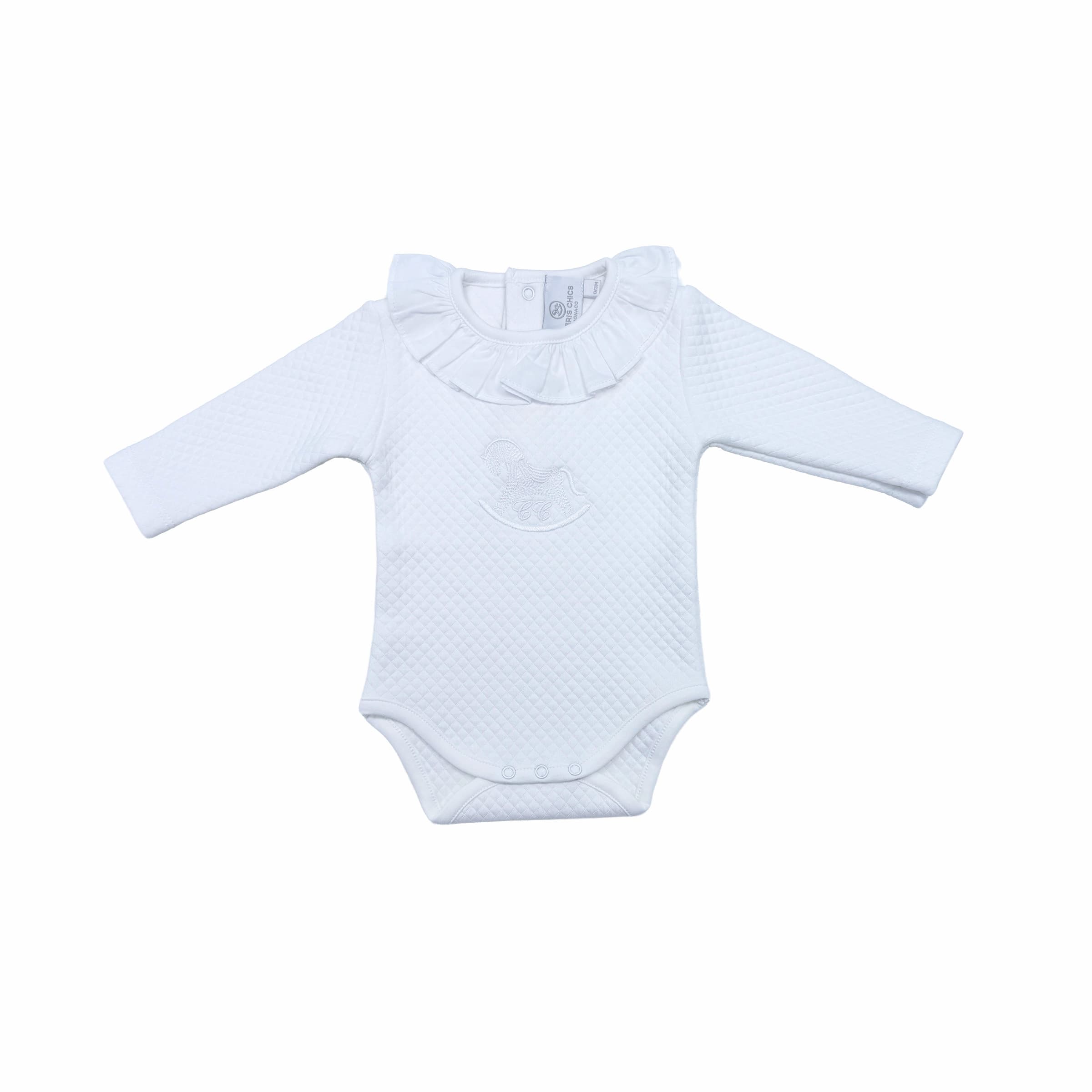 Front view of the Chéris Blanc Élégance White Bodysuit with frilled neckline and signature Cheris embroidery.