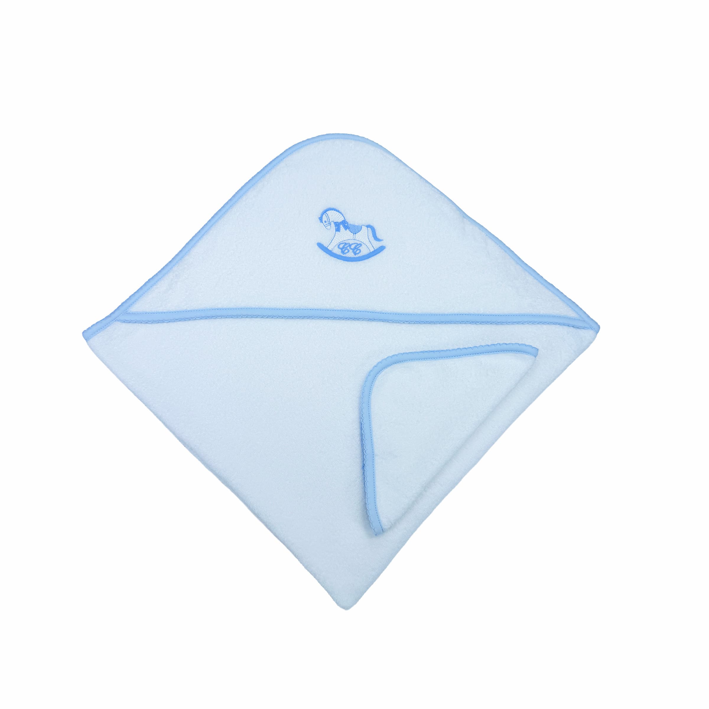 White hooded baby towel with blue embroidery and picot trim – flat lay front view.