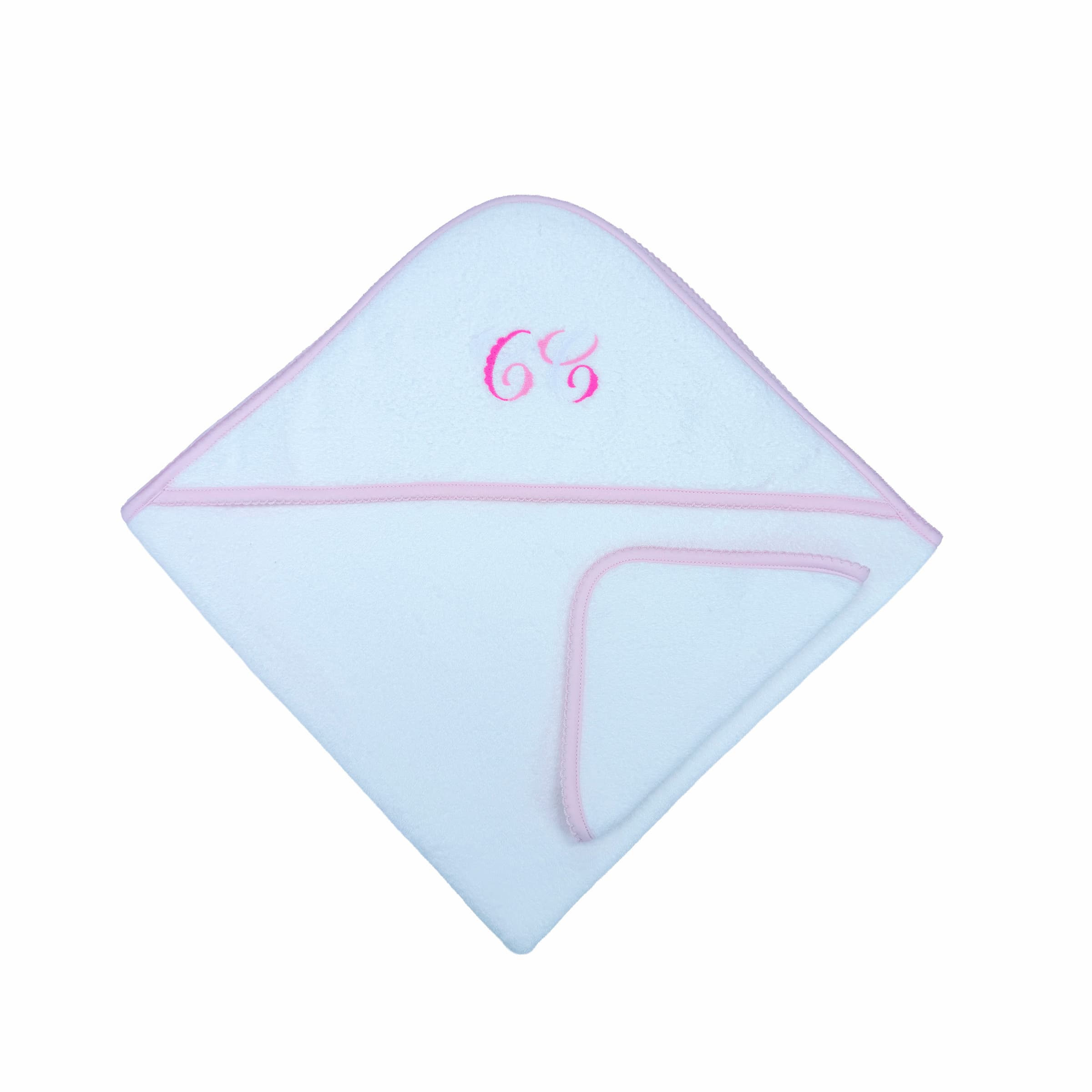 Whote and pink hooded towel with pink trim and embroidery