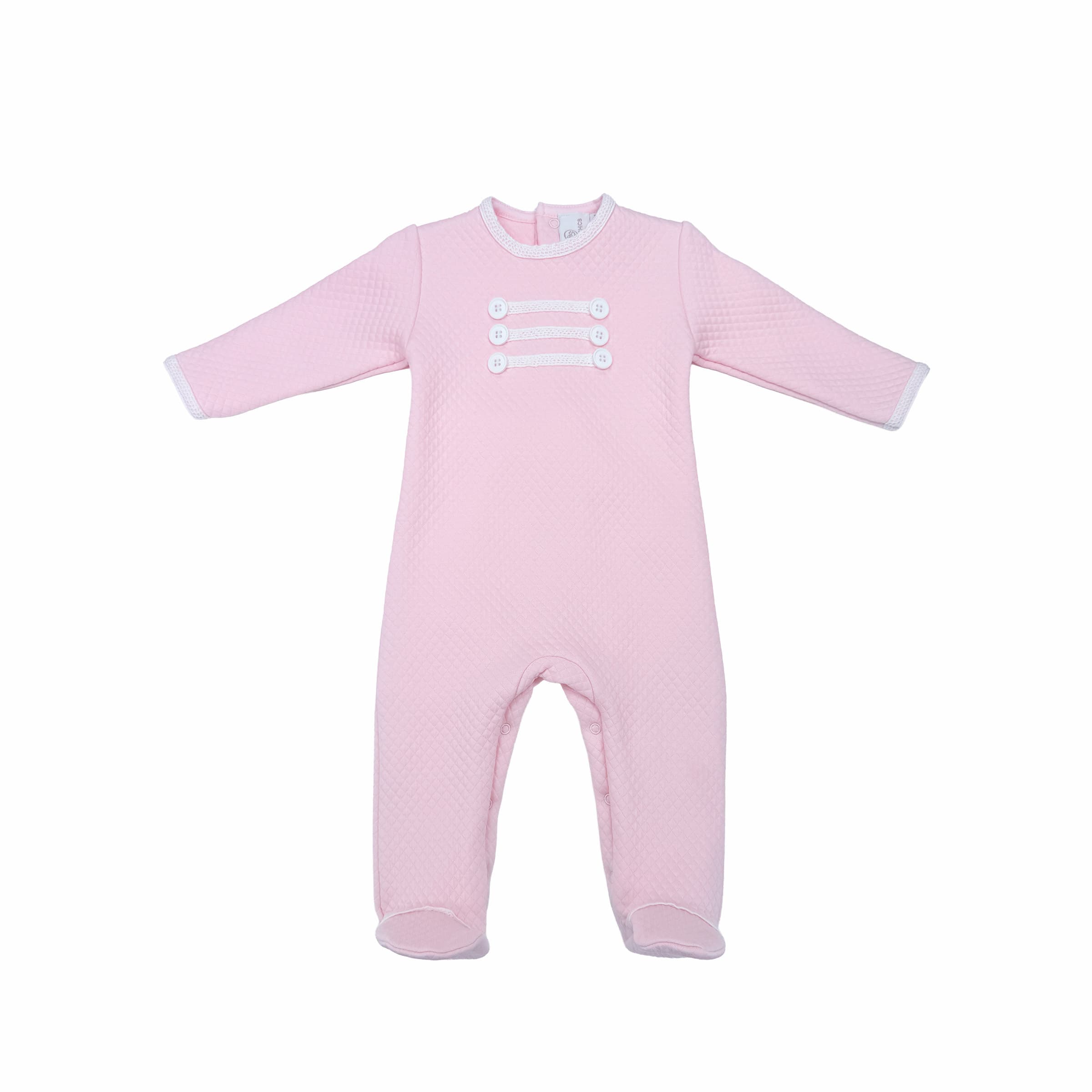 Luxury pink babygrow with lace trim and decorative buttons – front view