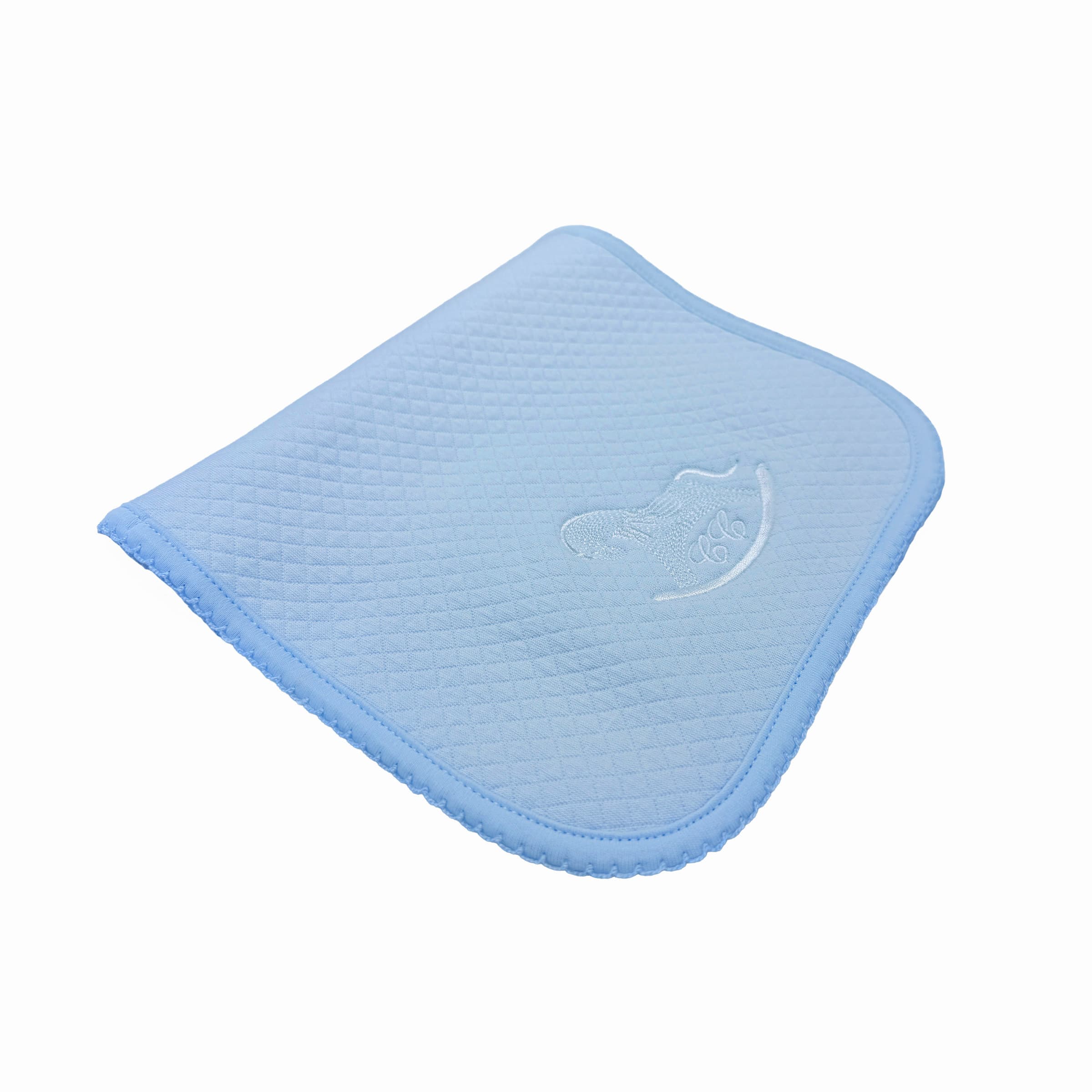 Close-up of blue embroidery and quilted texture