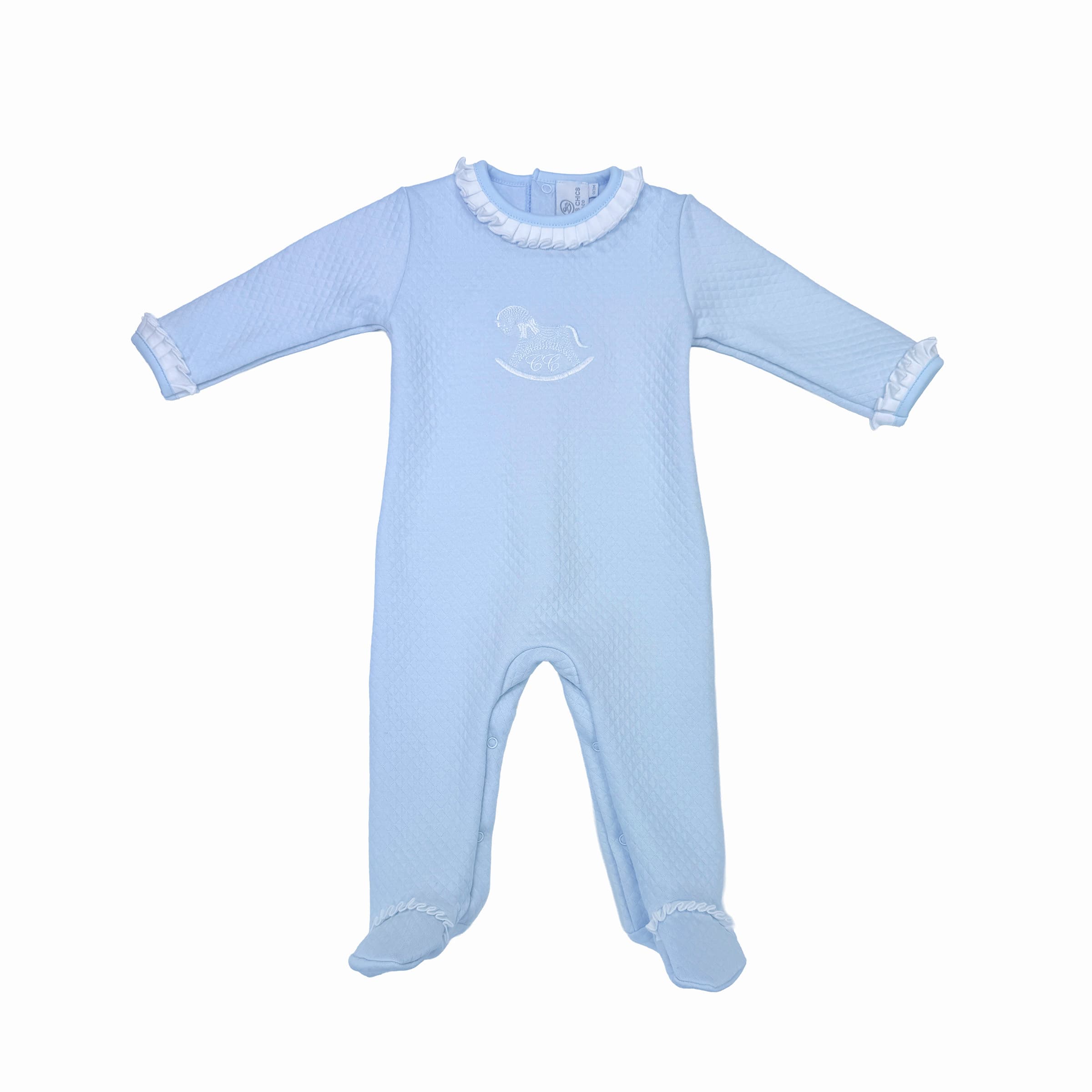 Baby boy blue Élégance babygrow with chest embroidery and frill accents – front view