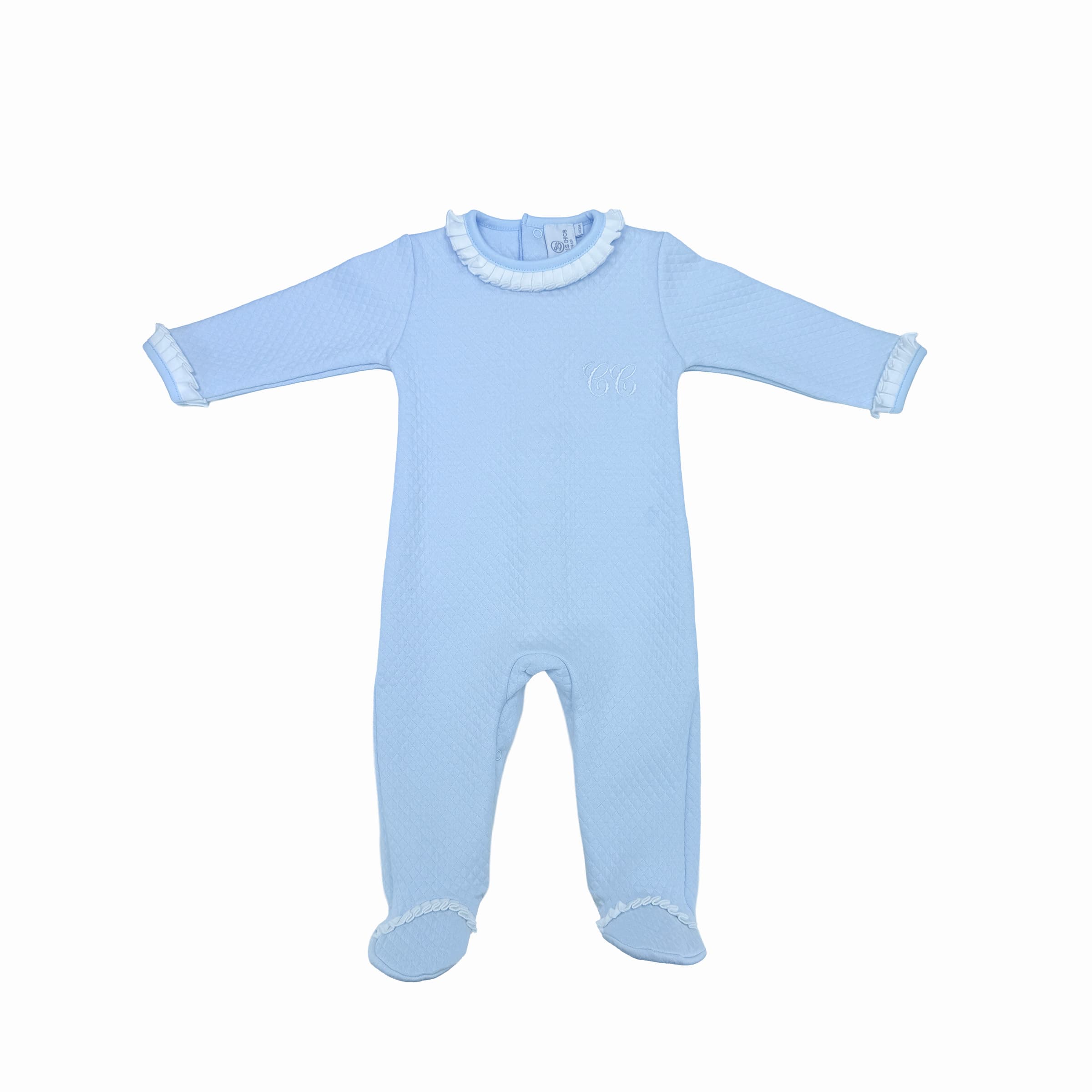 Light blue baby onesie with white trim on a white background