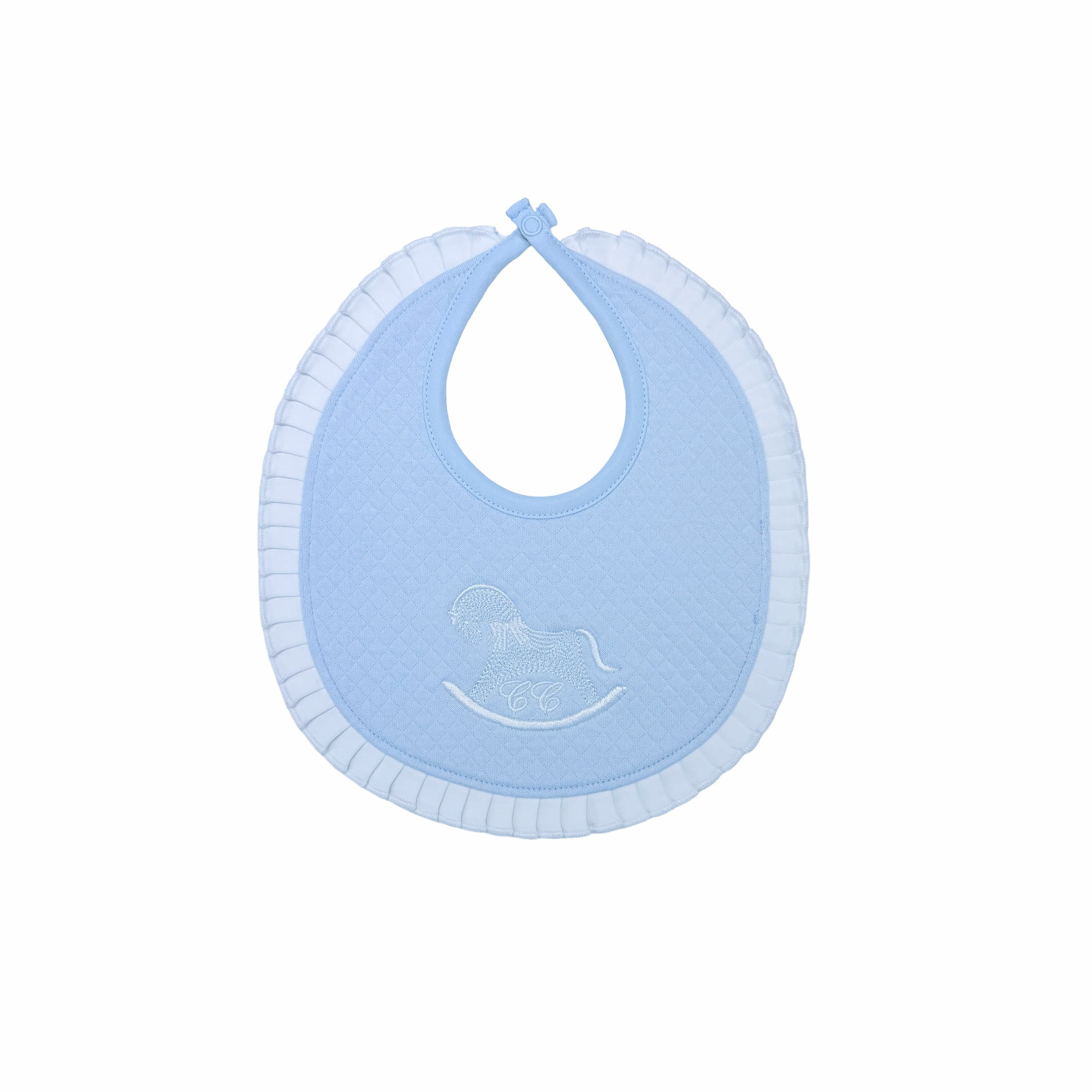 Blue baby bib with frilled trim and embroidery – front view