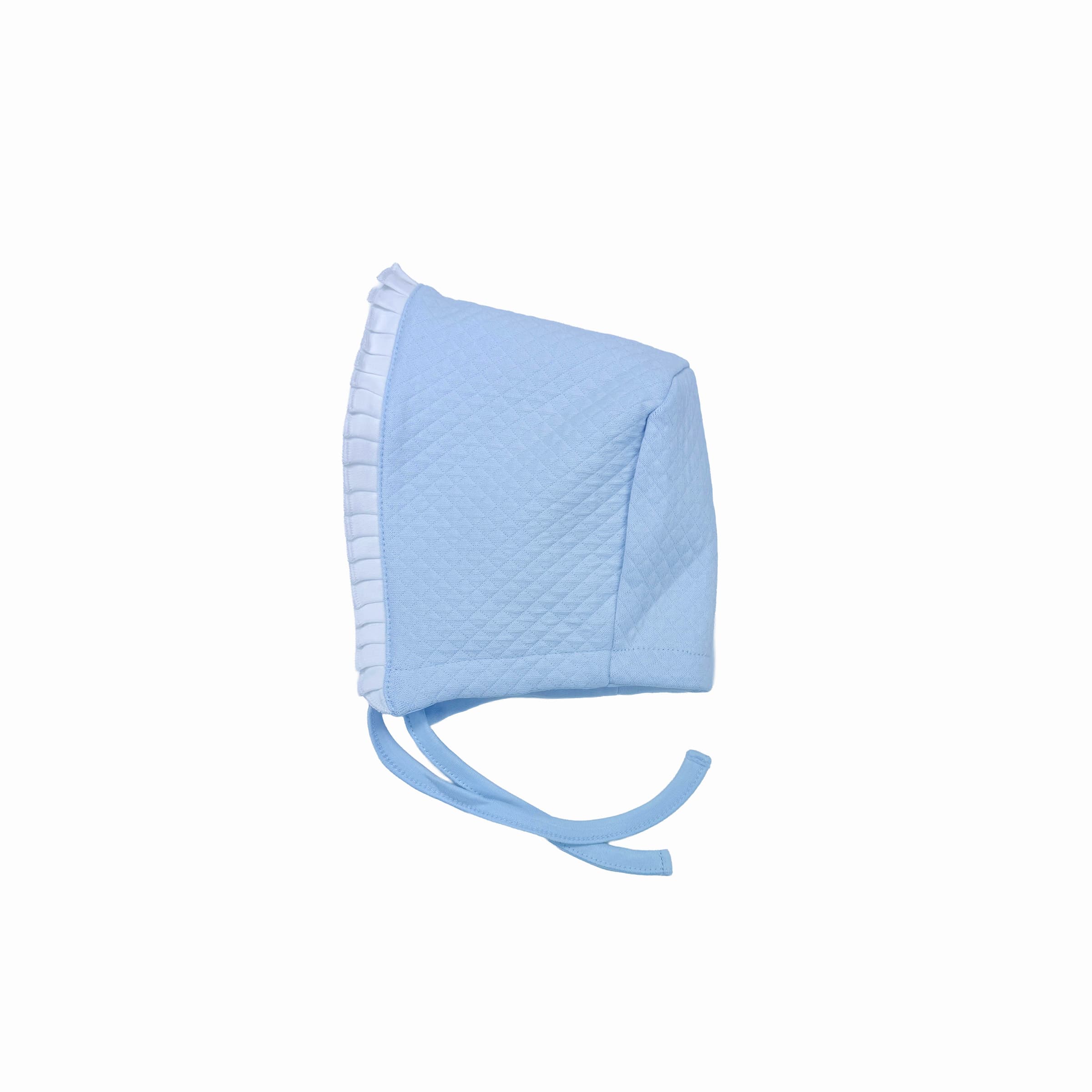Side view of blue Élégance bonnet featuring soft frilled edging and tailored fit.
