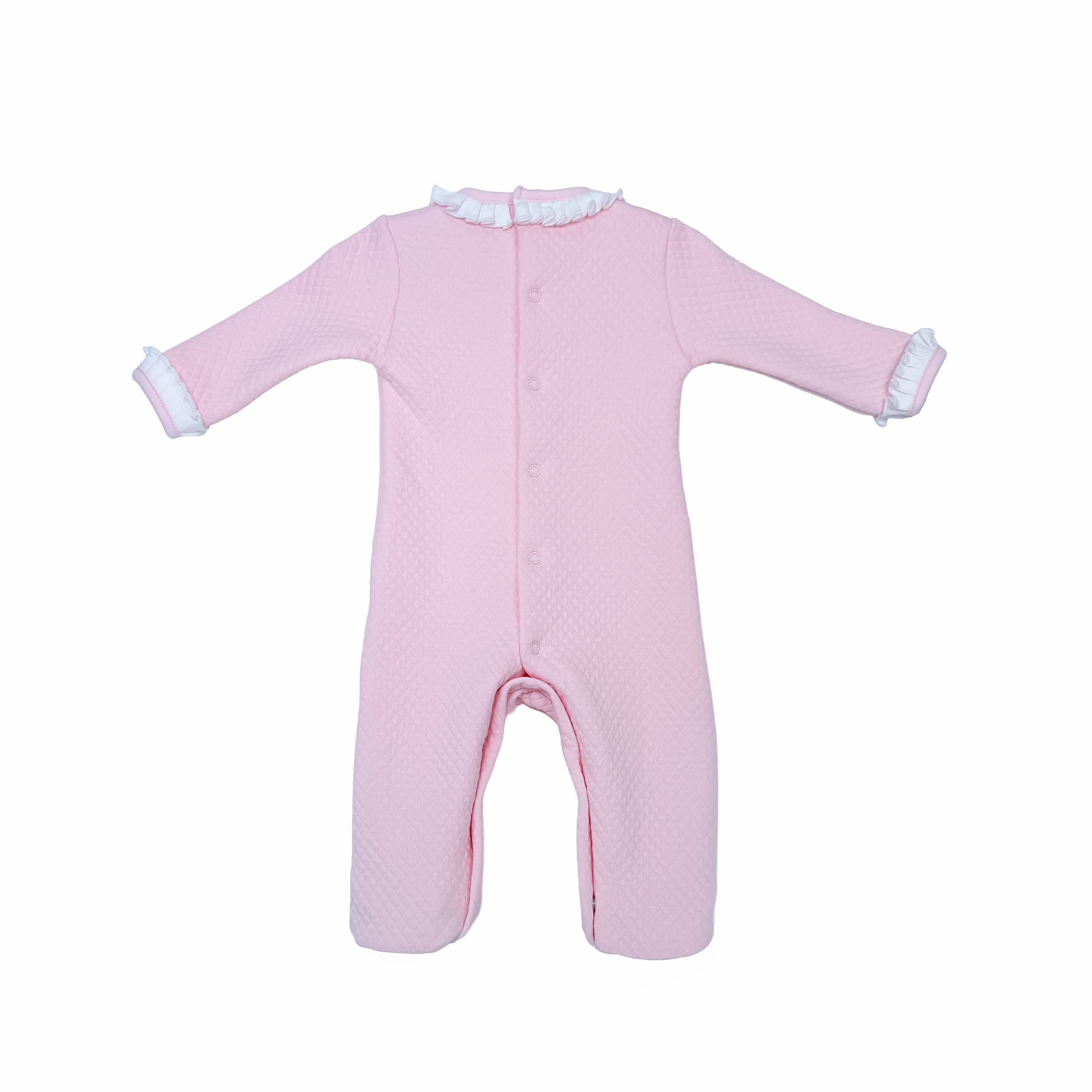 Rose Élégance babygrow with frill detailing – back view