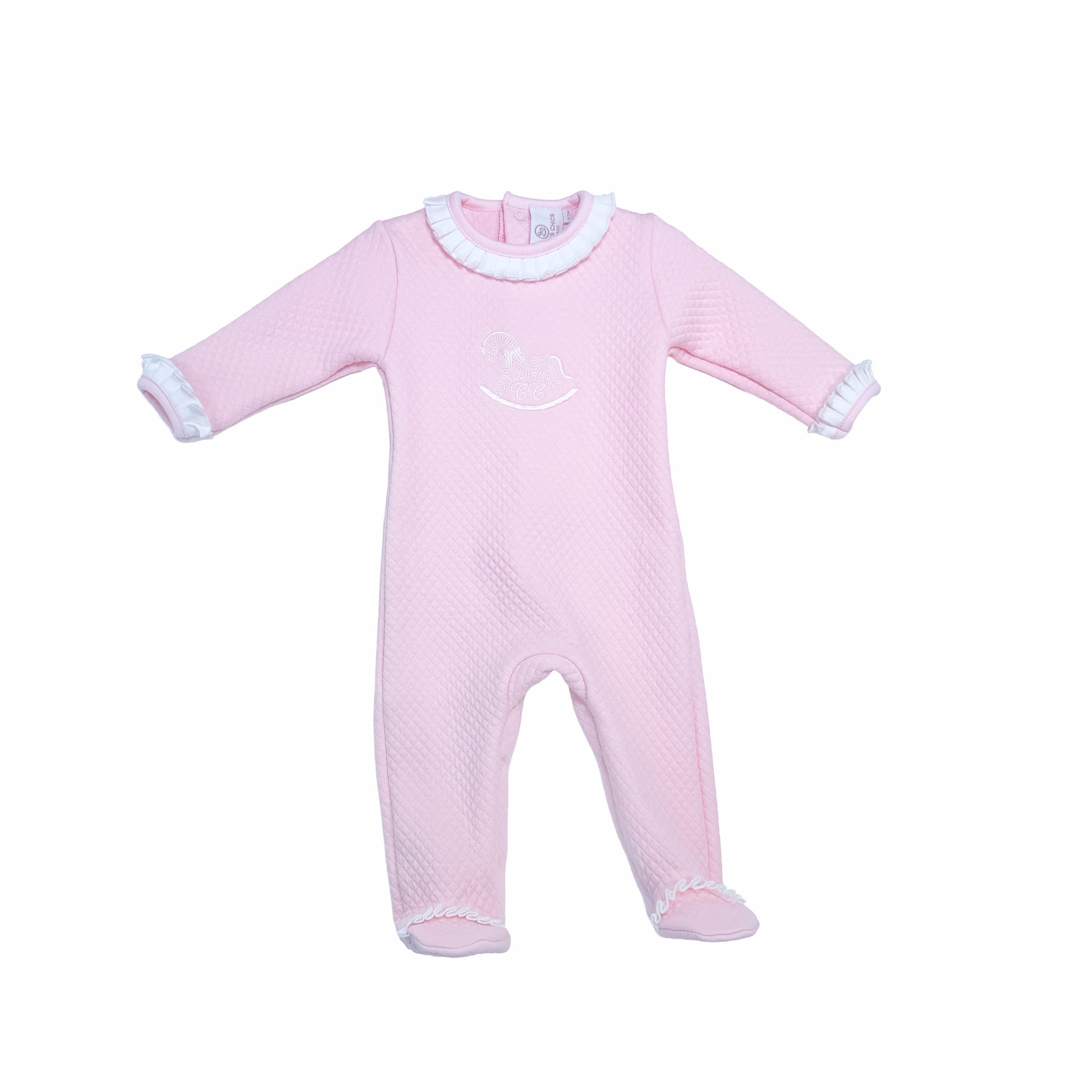Baby girl rose frilled babygrow with chest embroidery – front view
