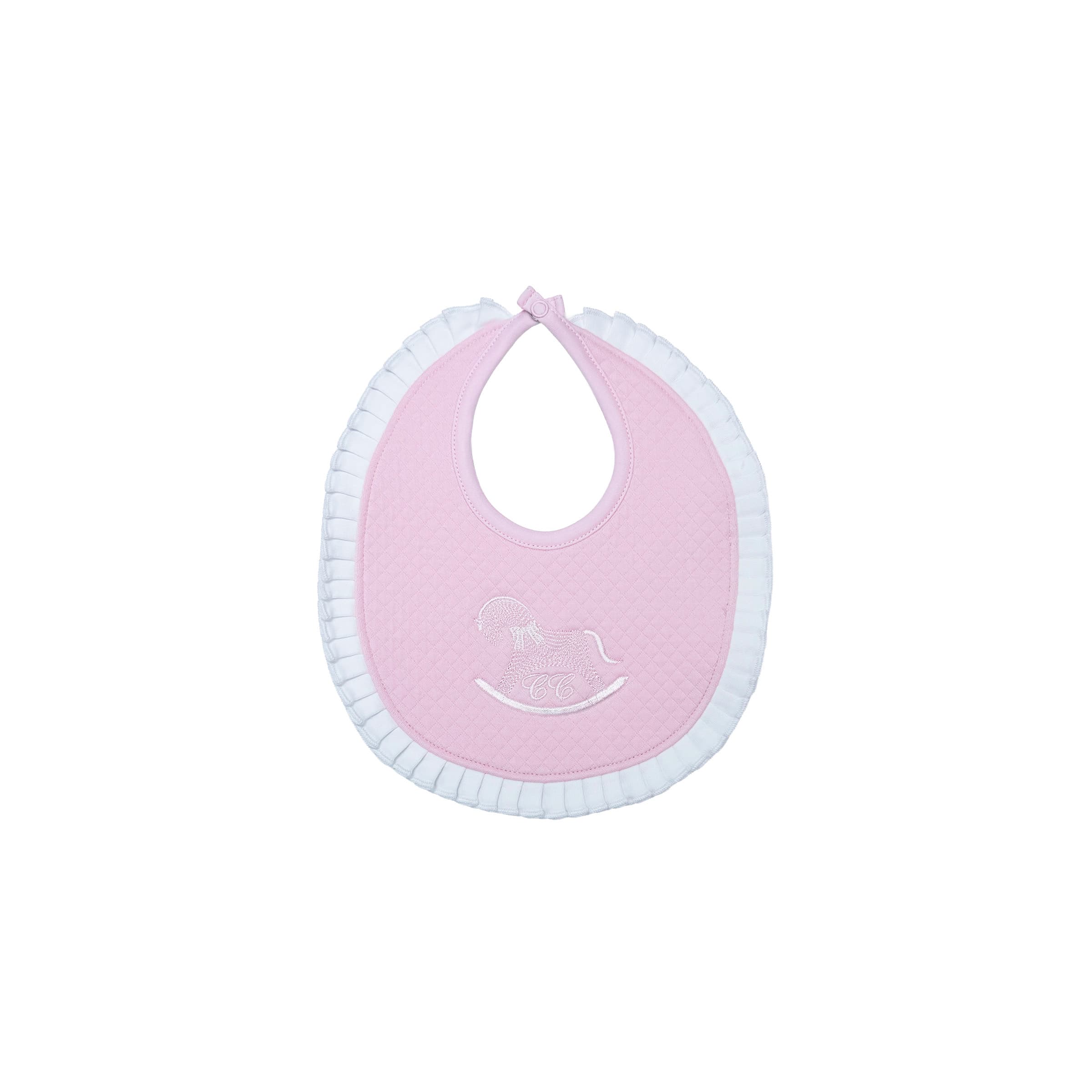 Rose baby bib with frilled trim and embroidery – front view