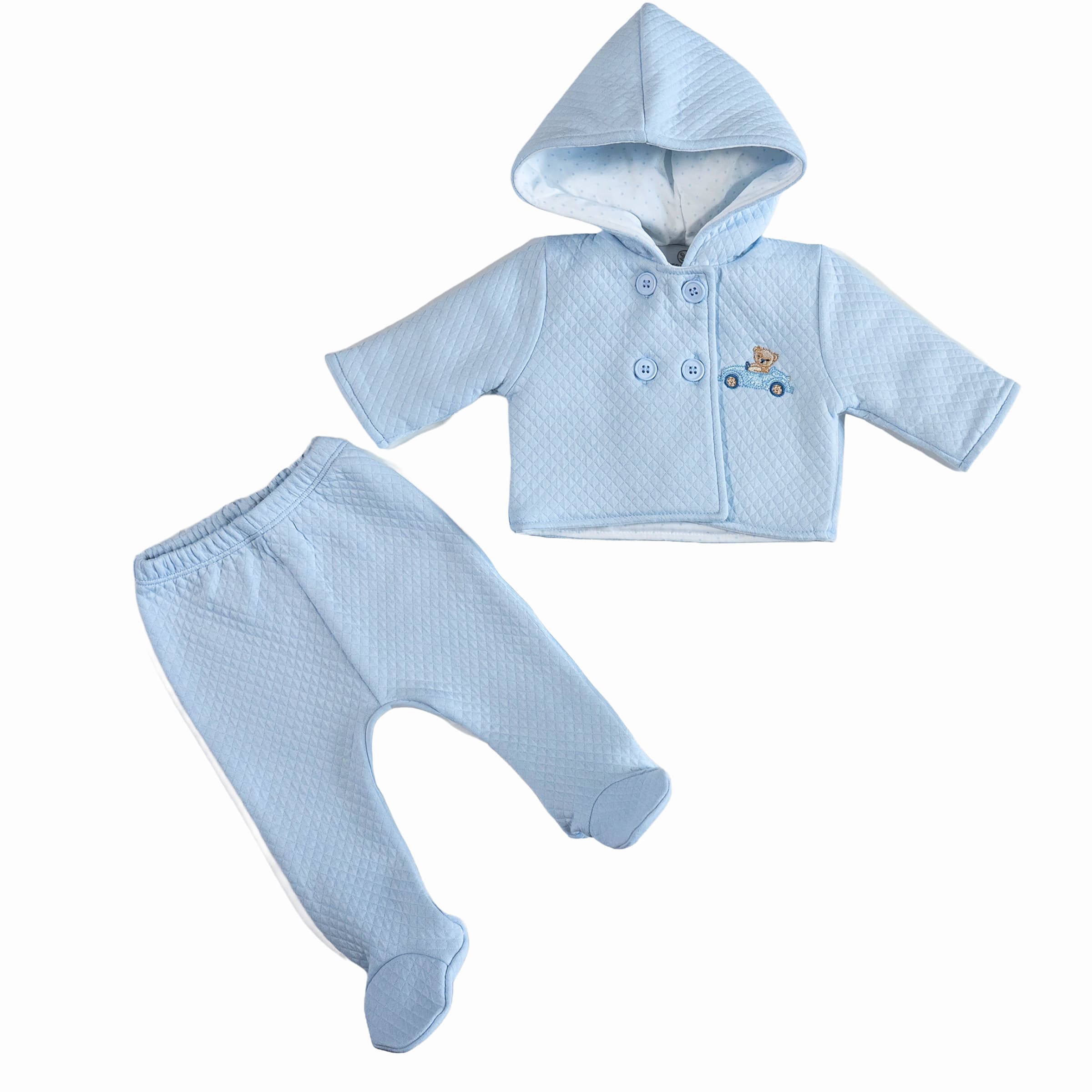 Blue reversible hooded baby jacket with embroidery and trousers – front view