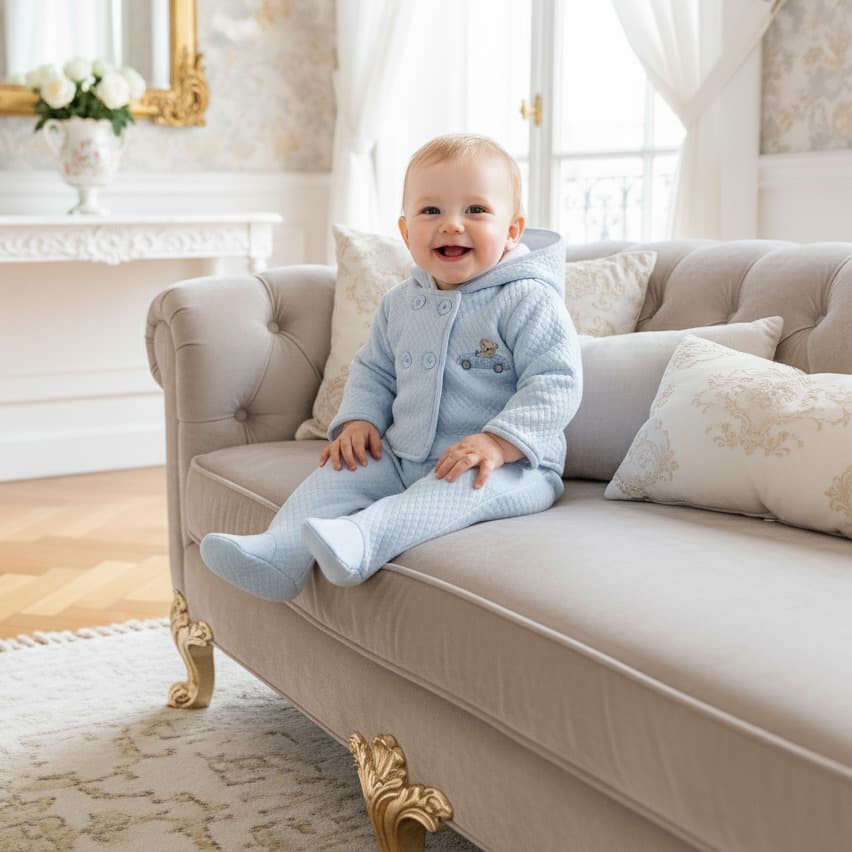 Baby boy wearing Ourson Élégance set - in luxury surroundings