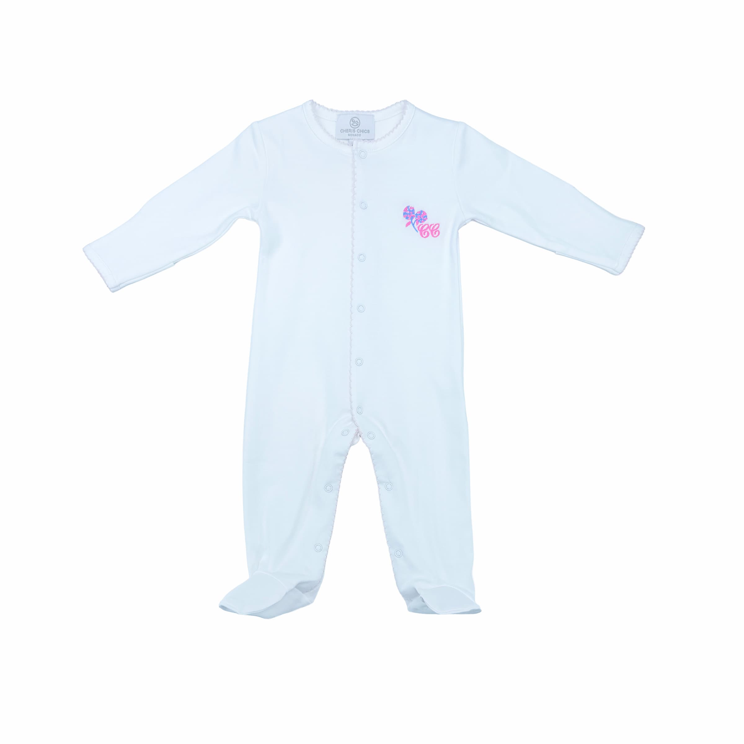 White baby babygrow with Fleur d’Hortensia embroidery – front view