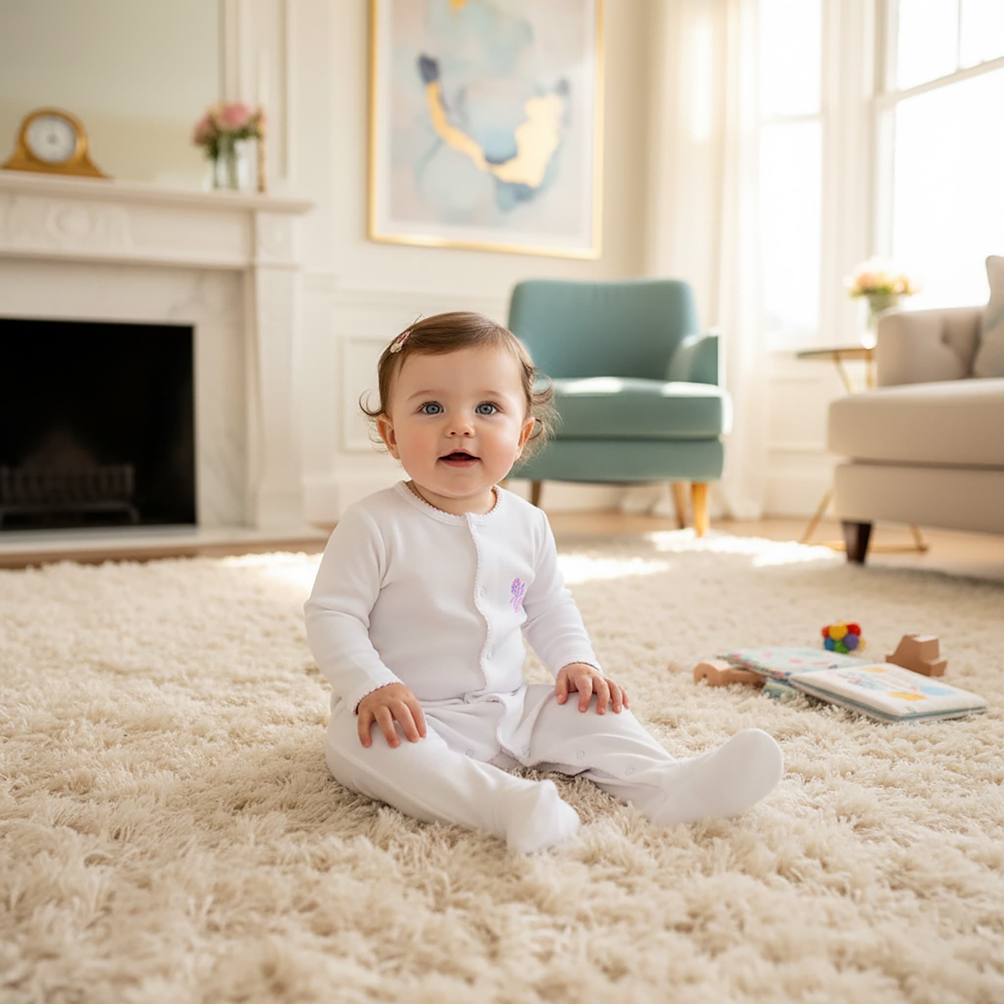 Baby wearing embroidered white babygrow – lifestyle luxury scene