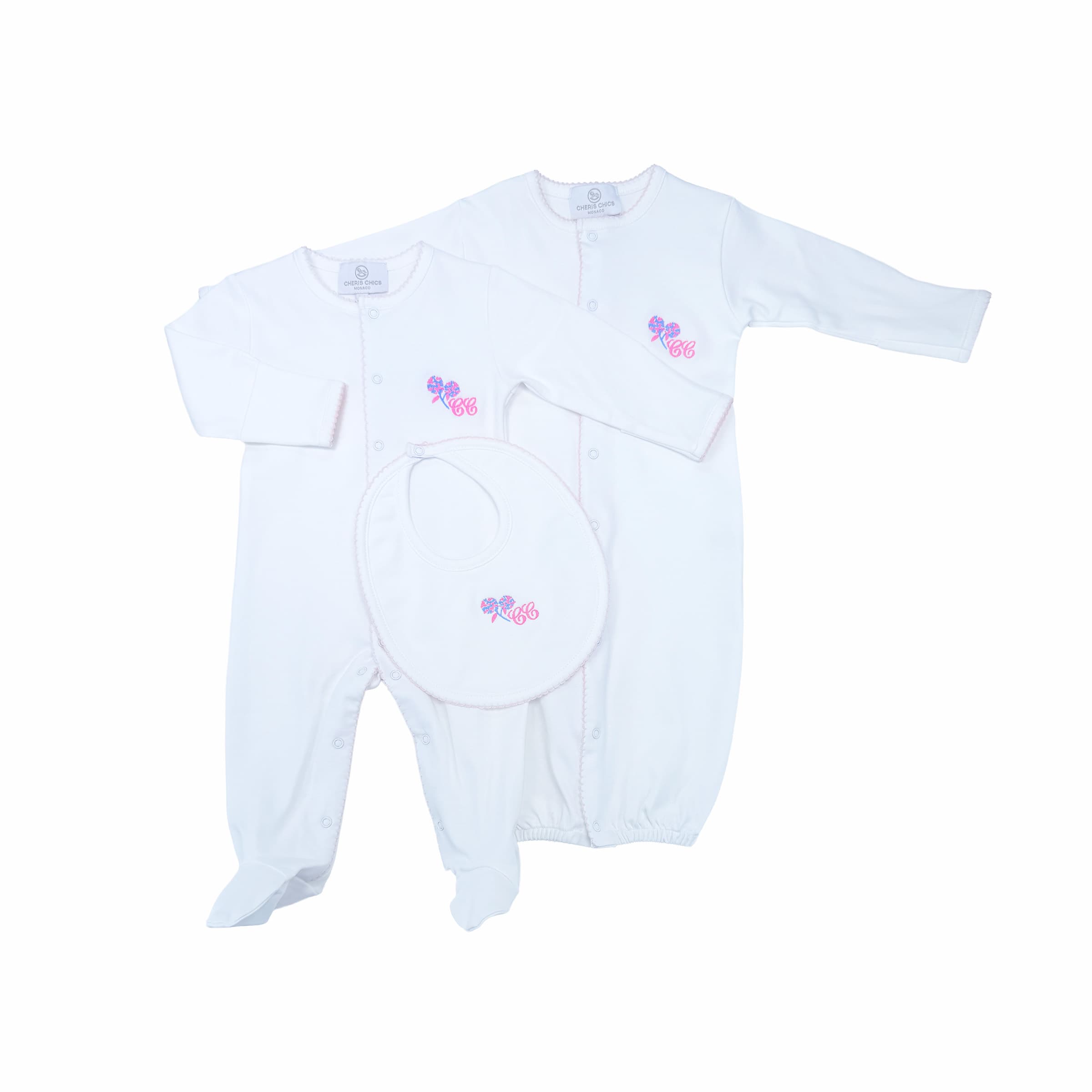 Fleur d’Hortensia baby girl set — babygrow, gown and bib