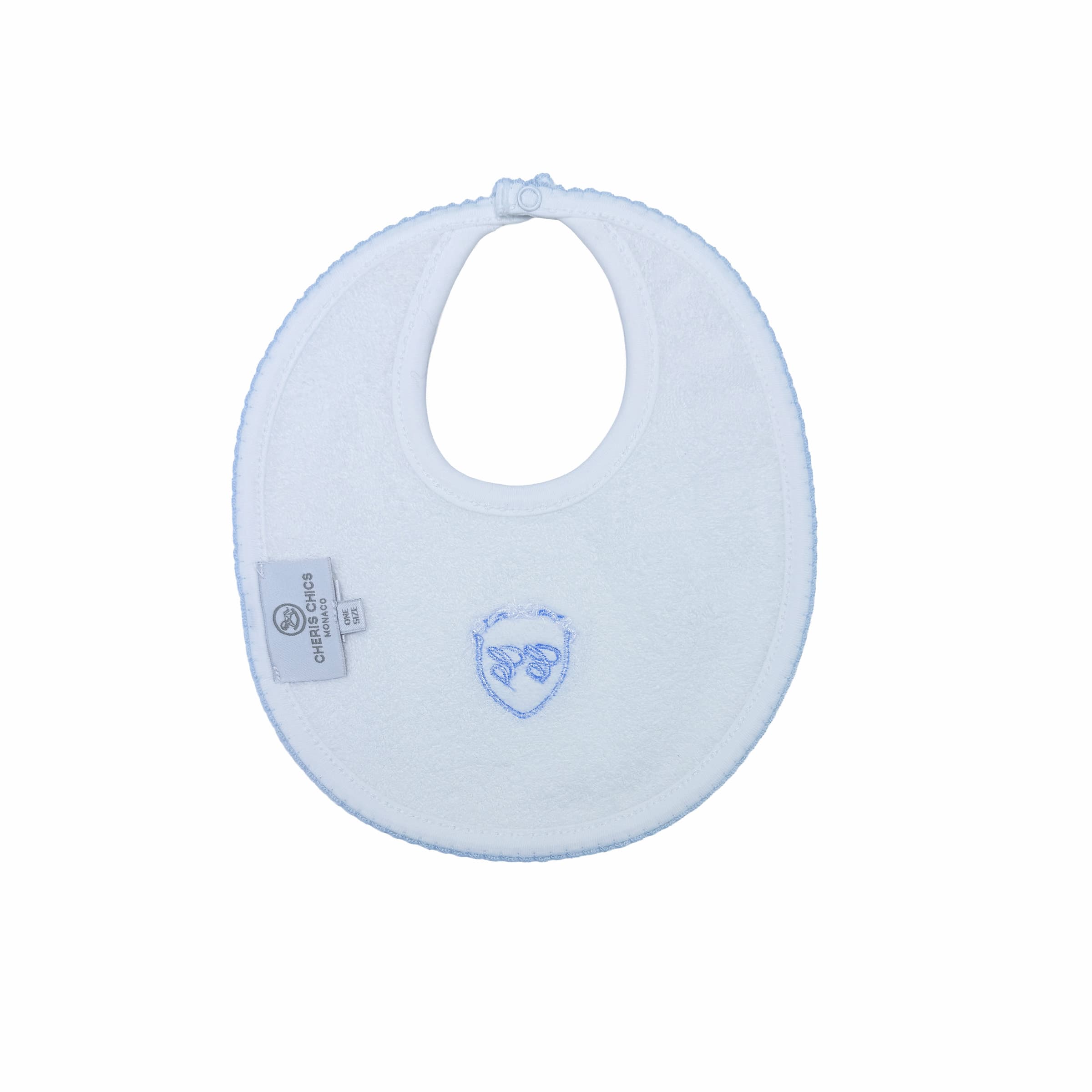 White baby bib with blue embroidery – back view