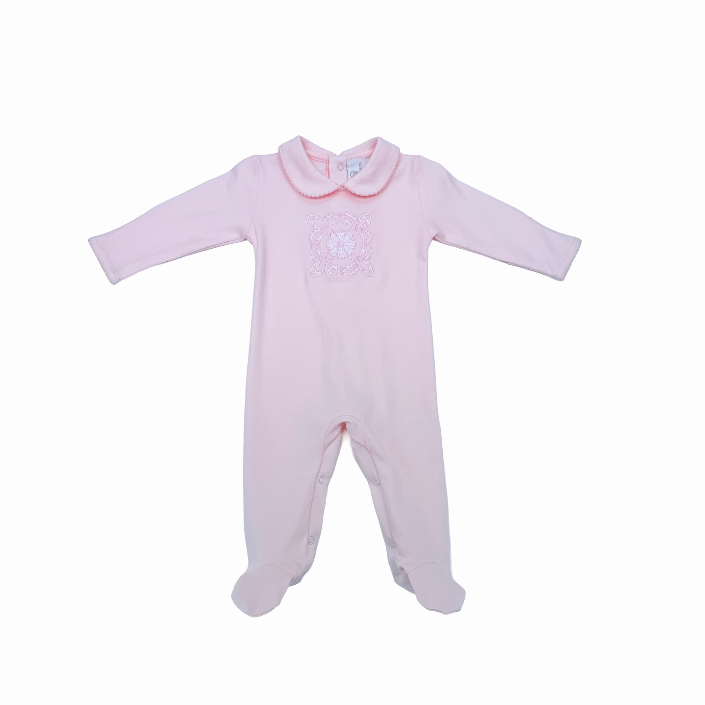 Rose baby girl babygrow with detailed 16.8k-stitch embroidery – front view.
