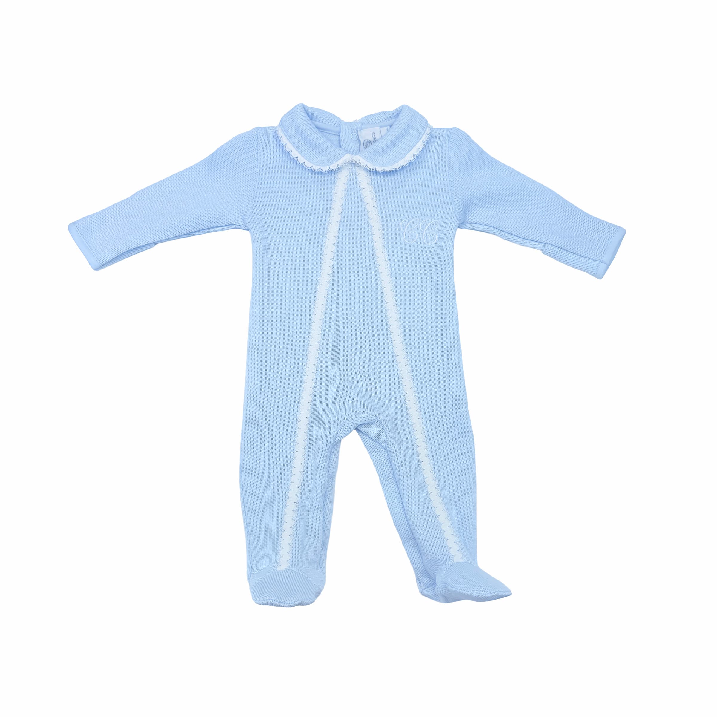 Azur blue special-knit babygrow with lace trim and embroidery – front view.