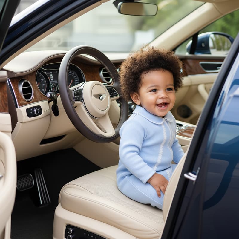 Baby boy wearing azur special-knit babygrow with lace and embroidery detailing.