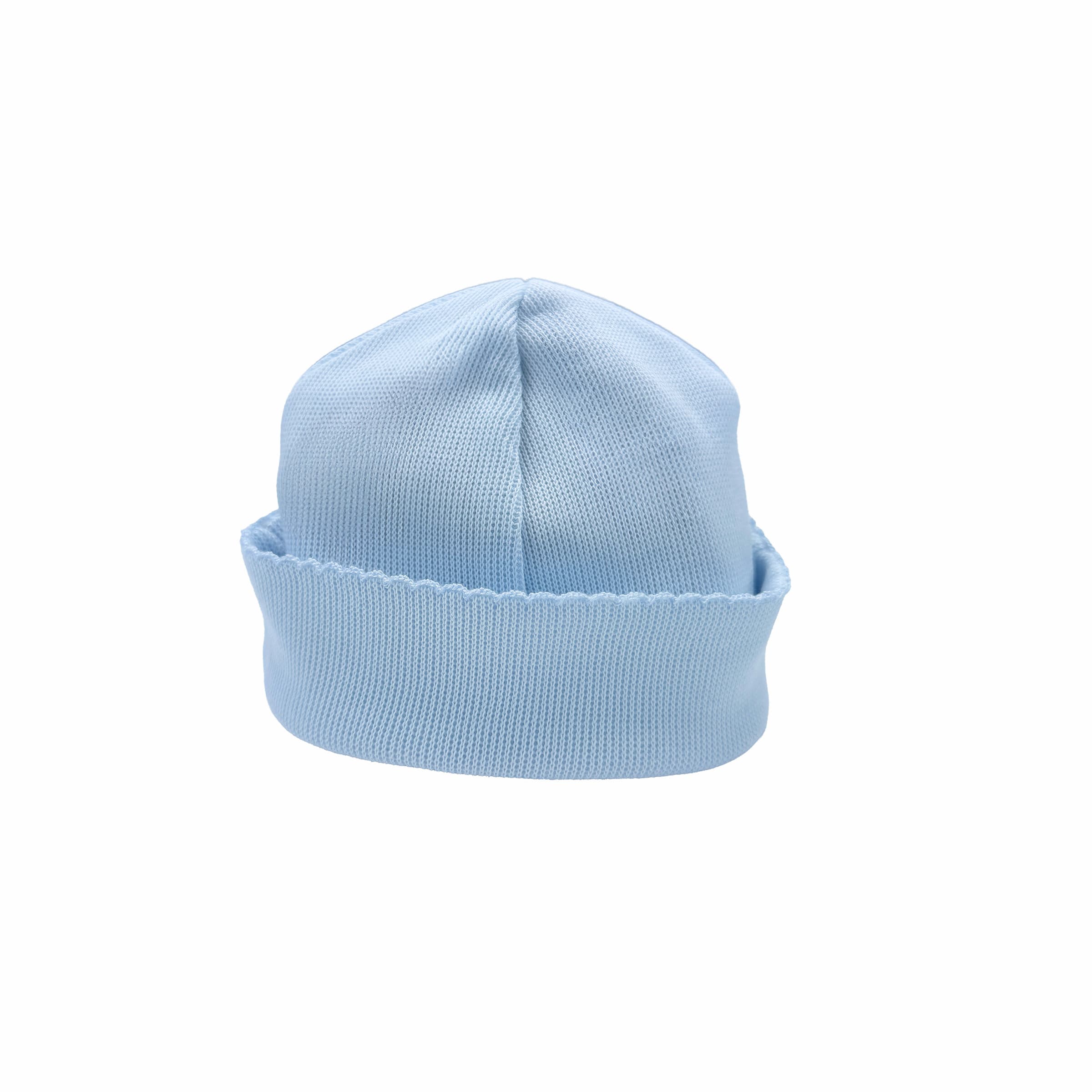 Back view of azur special-knit baby boy hat with smooth finish.