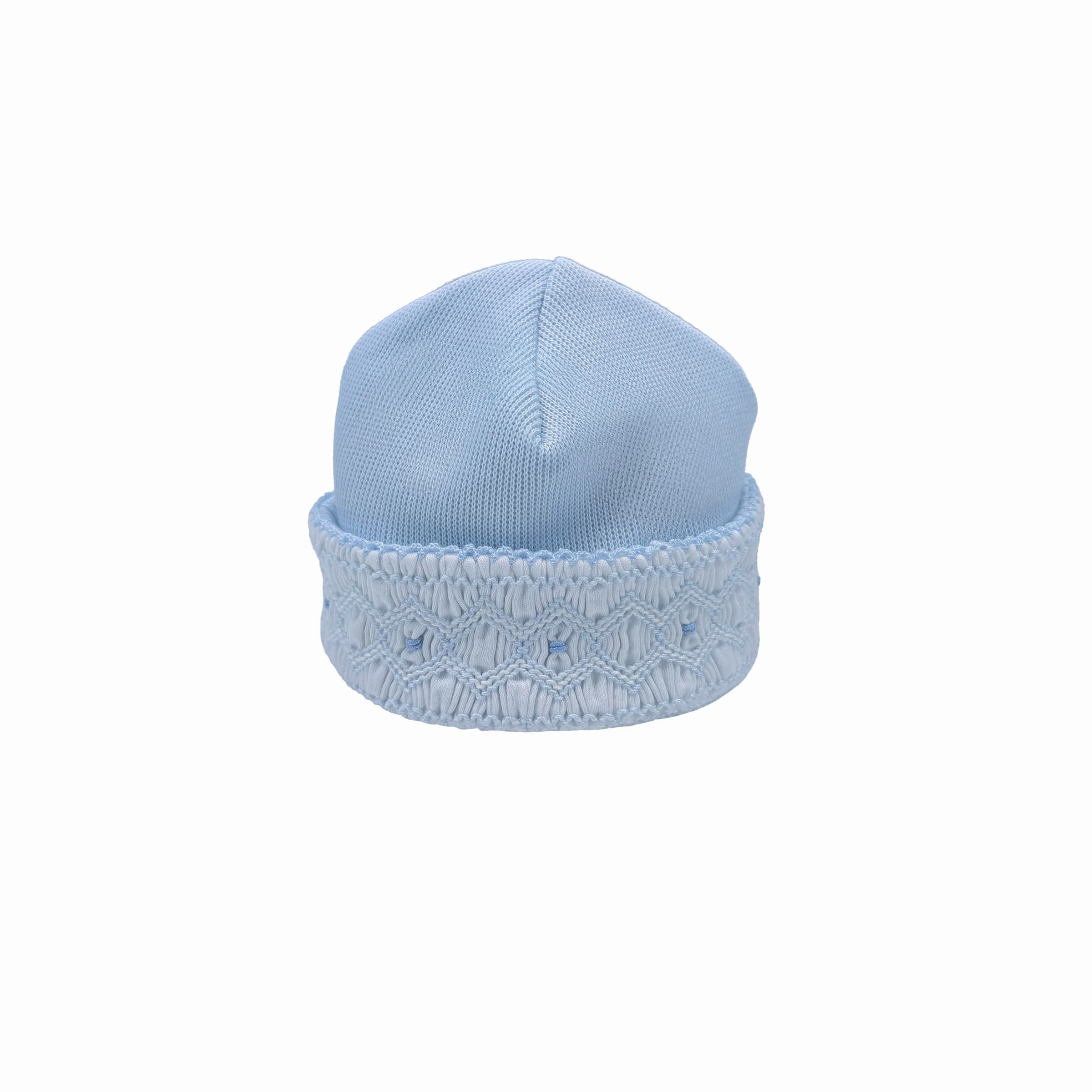 Azur special-knit baby hat with hand-smocked front panel – front view.