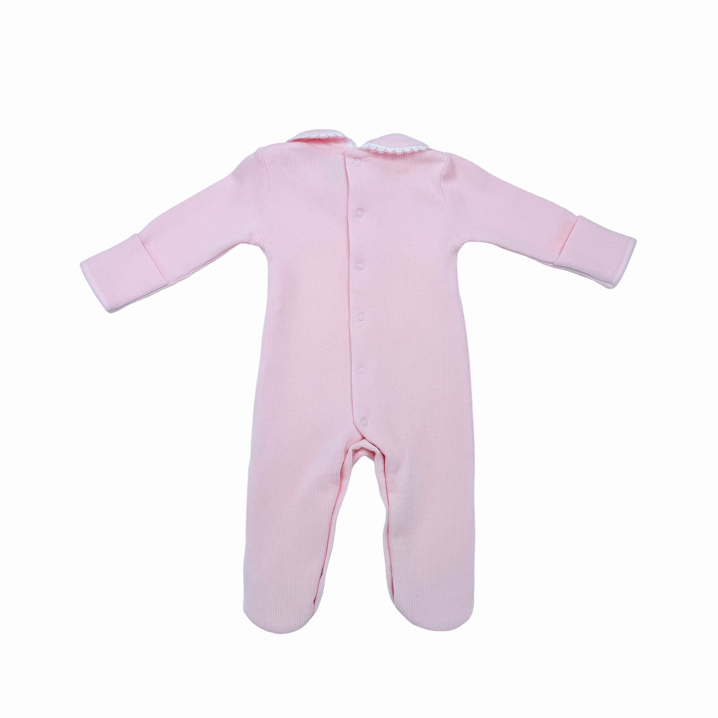 Back view of rose special-knit babygrow with delicate lace accents.