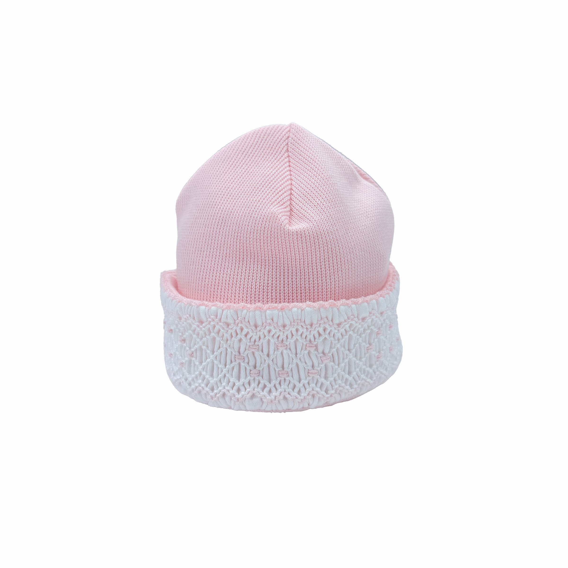 Rose special-knit baby hat with hand-smocked front detail – front view.