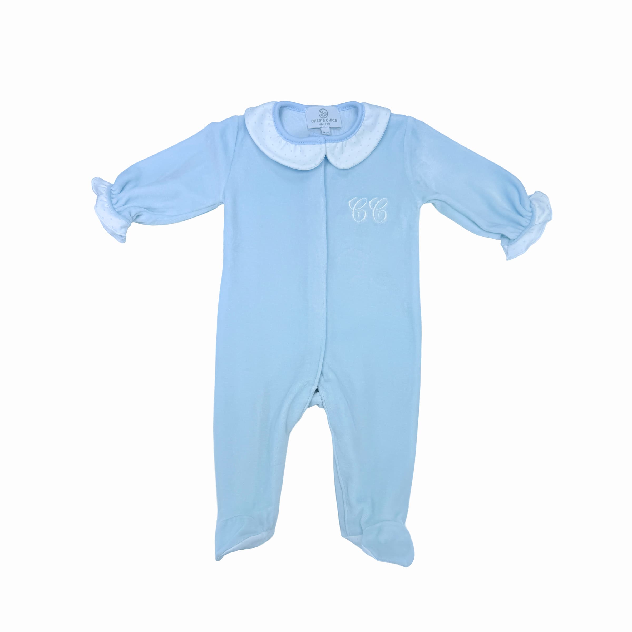 Saphir blue velour babygrow with chest embroidery and patterned collar – front view.