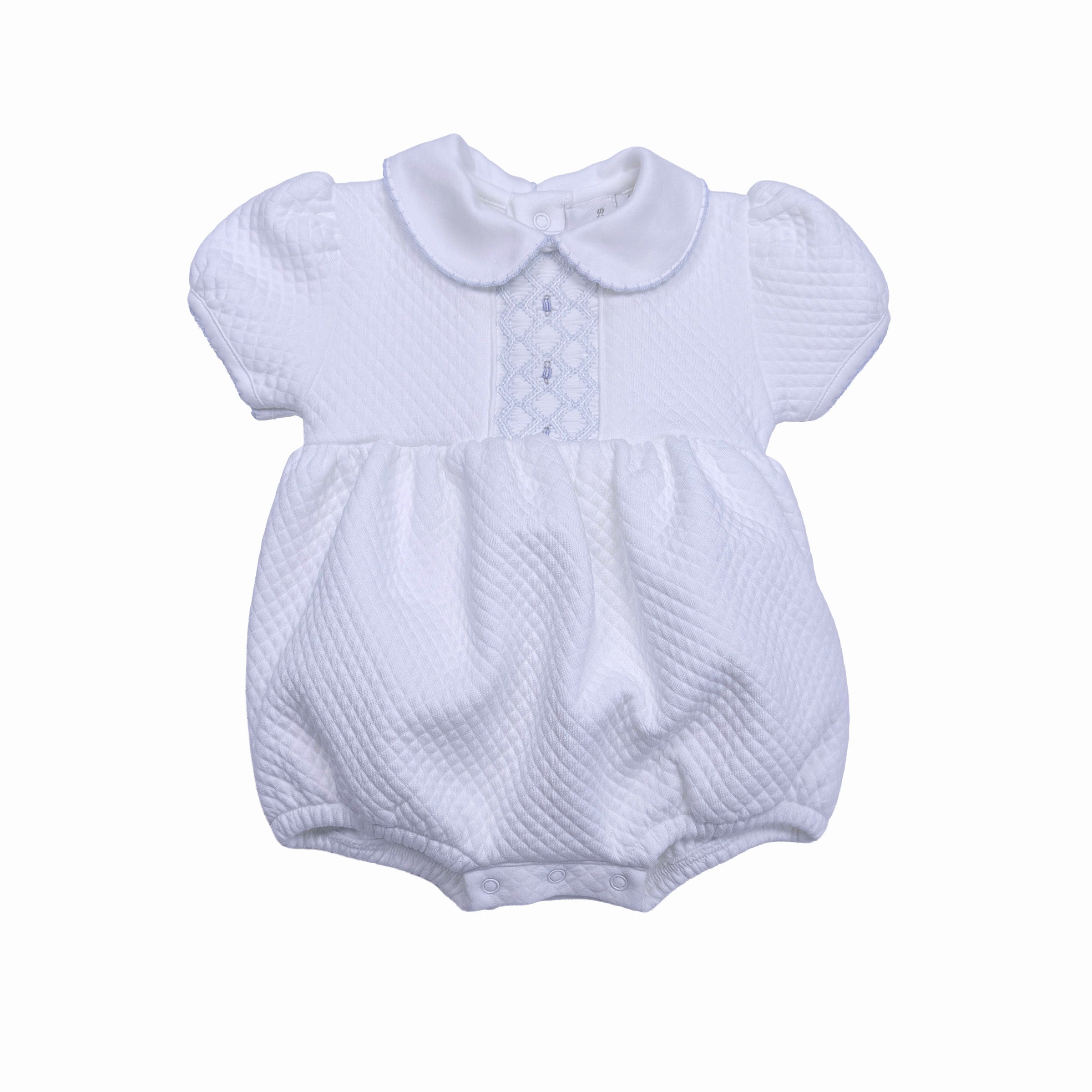 Beau bubble romper with hand smocking — front view