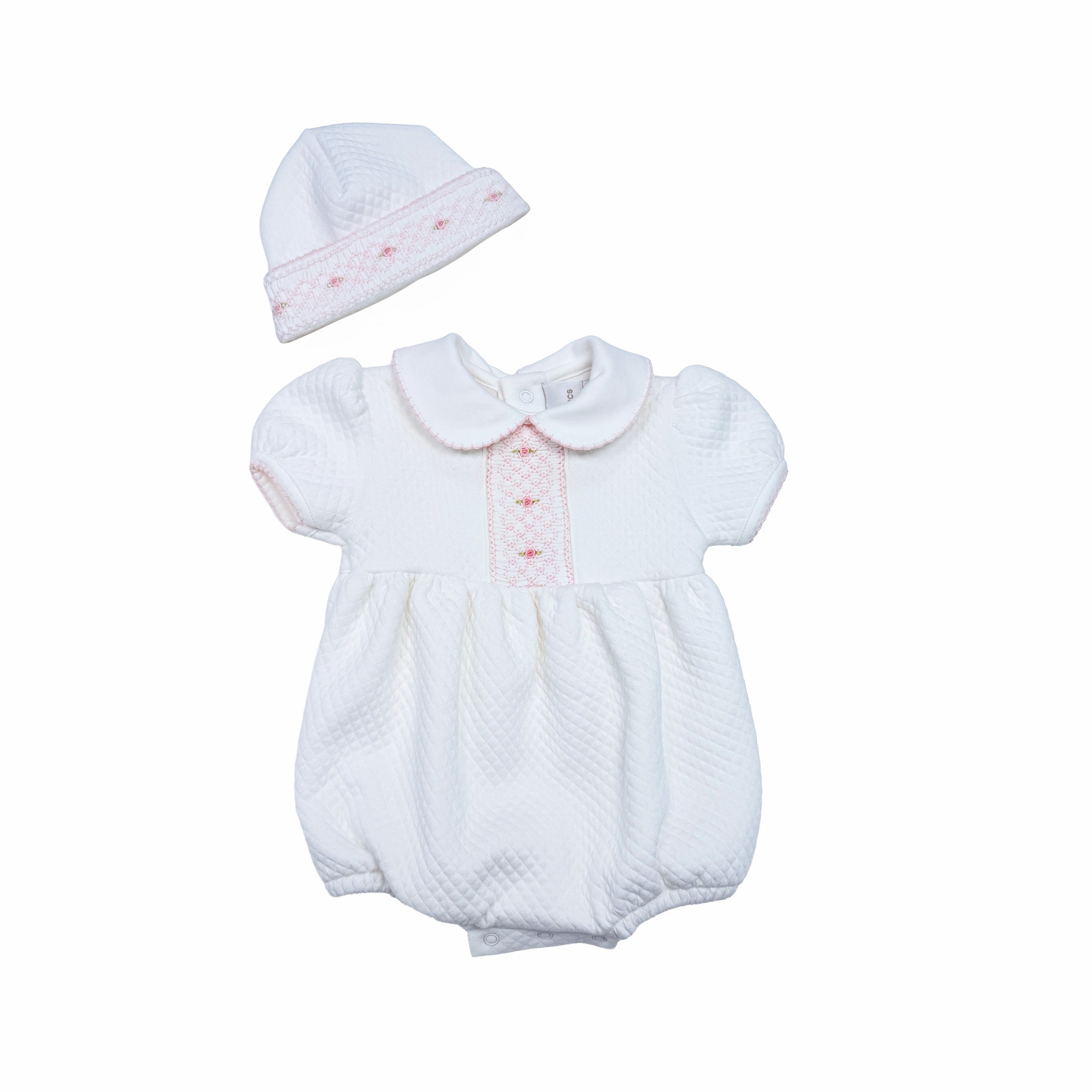 Two-piece couture romper & hat set for baby girl