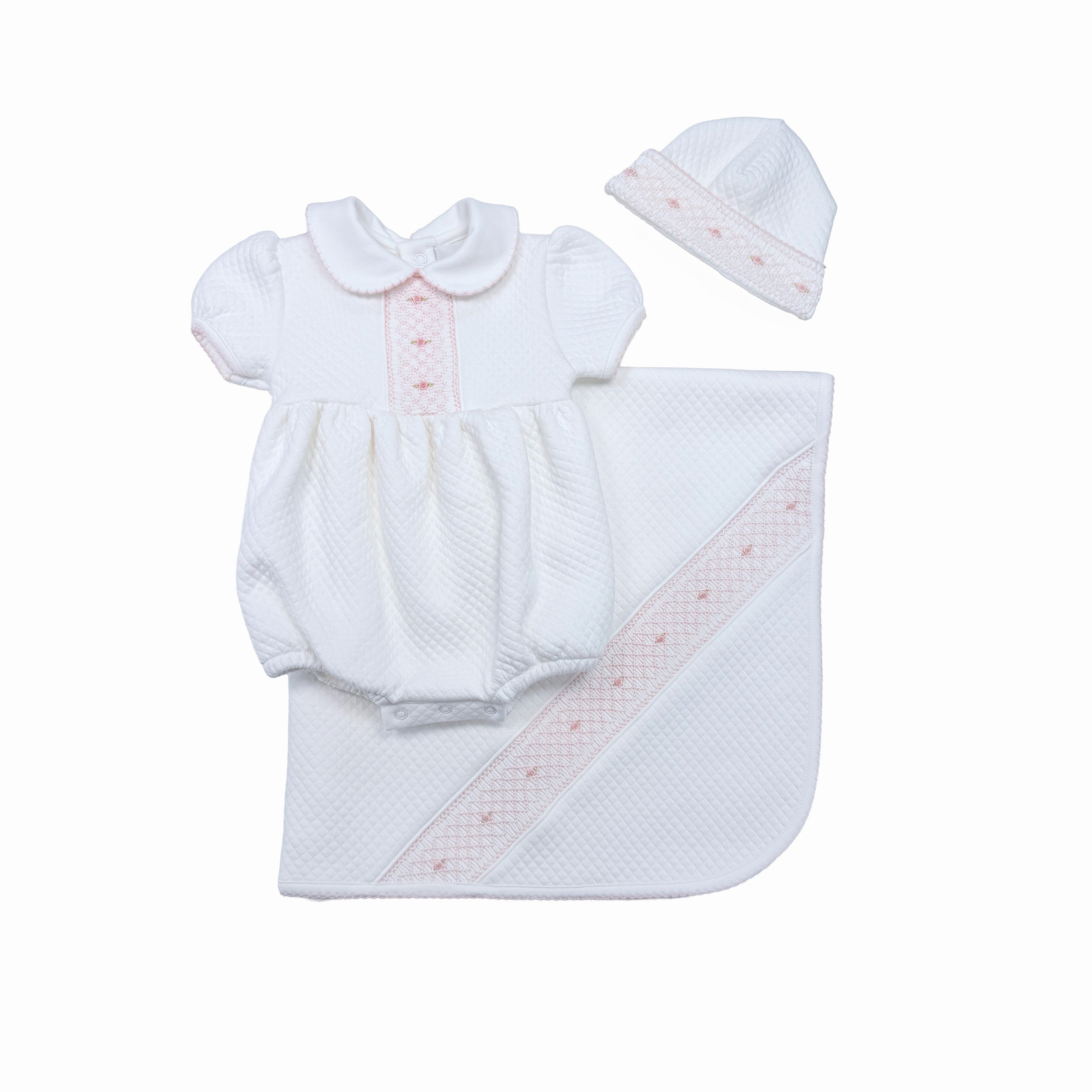 Three-piece luxury girls’ set — romper, blanket & hat