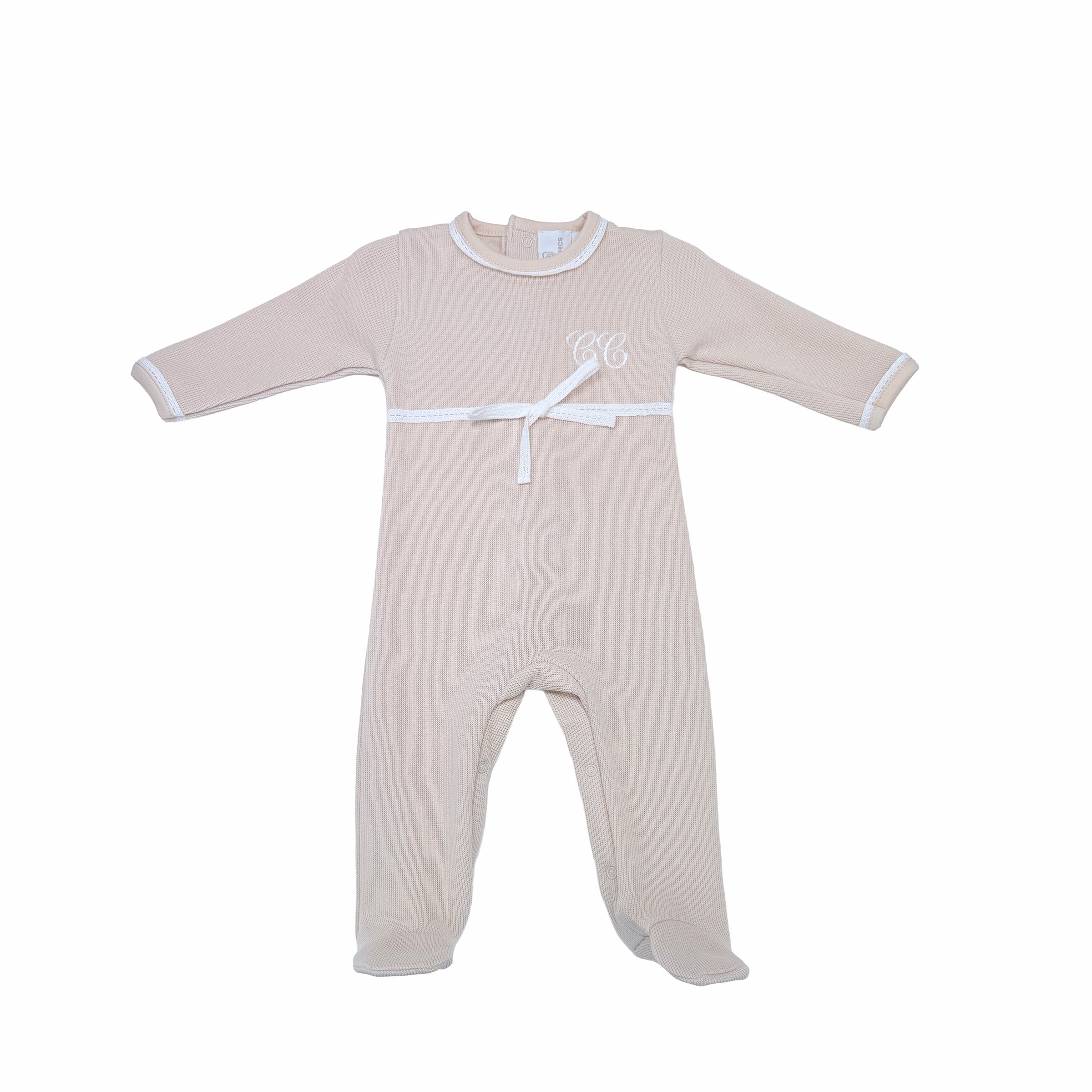 Light beige special knit babygrow with London Embroidery – front view.