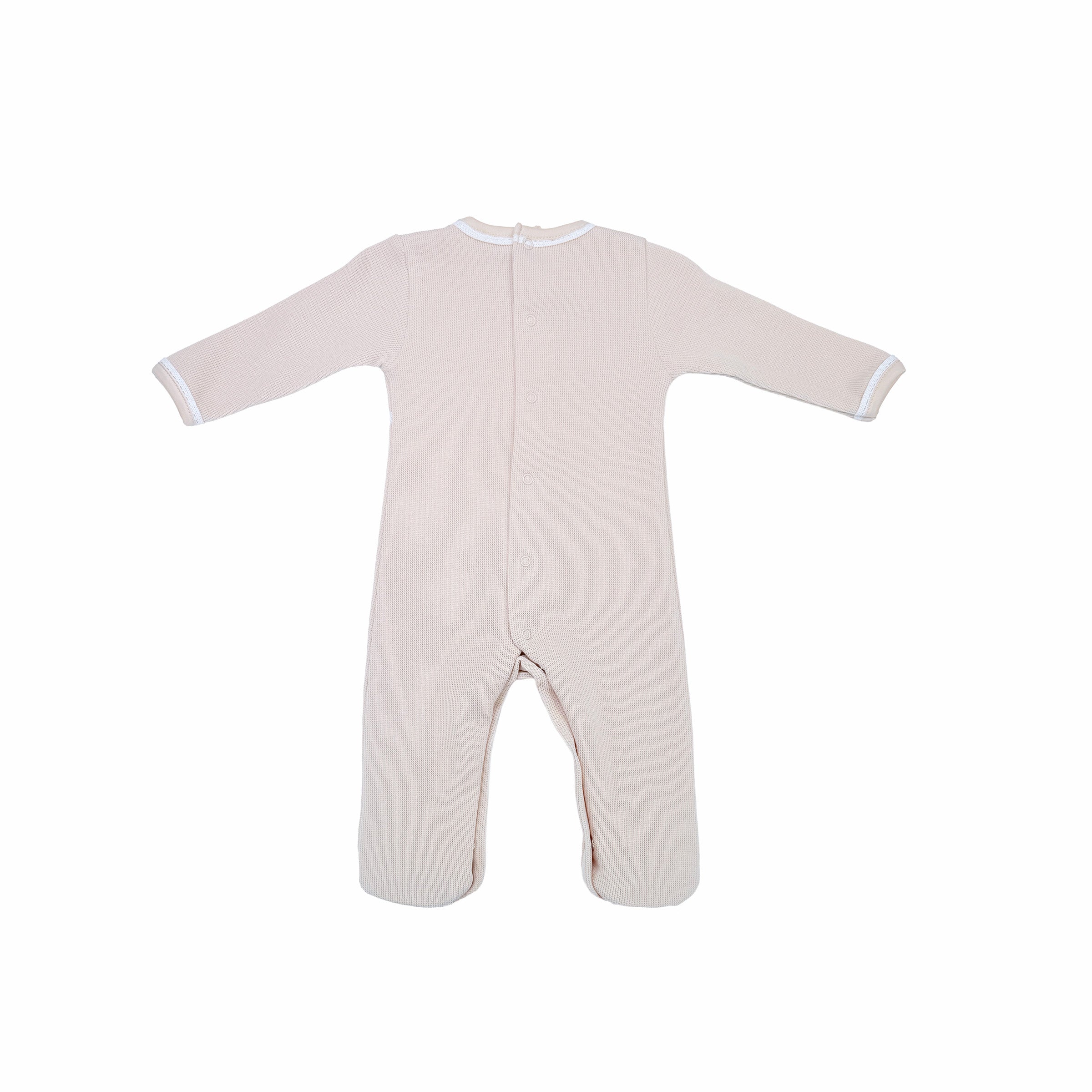 Back view of light beige special knit luxury baby sleepsuit.
